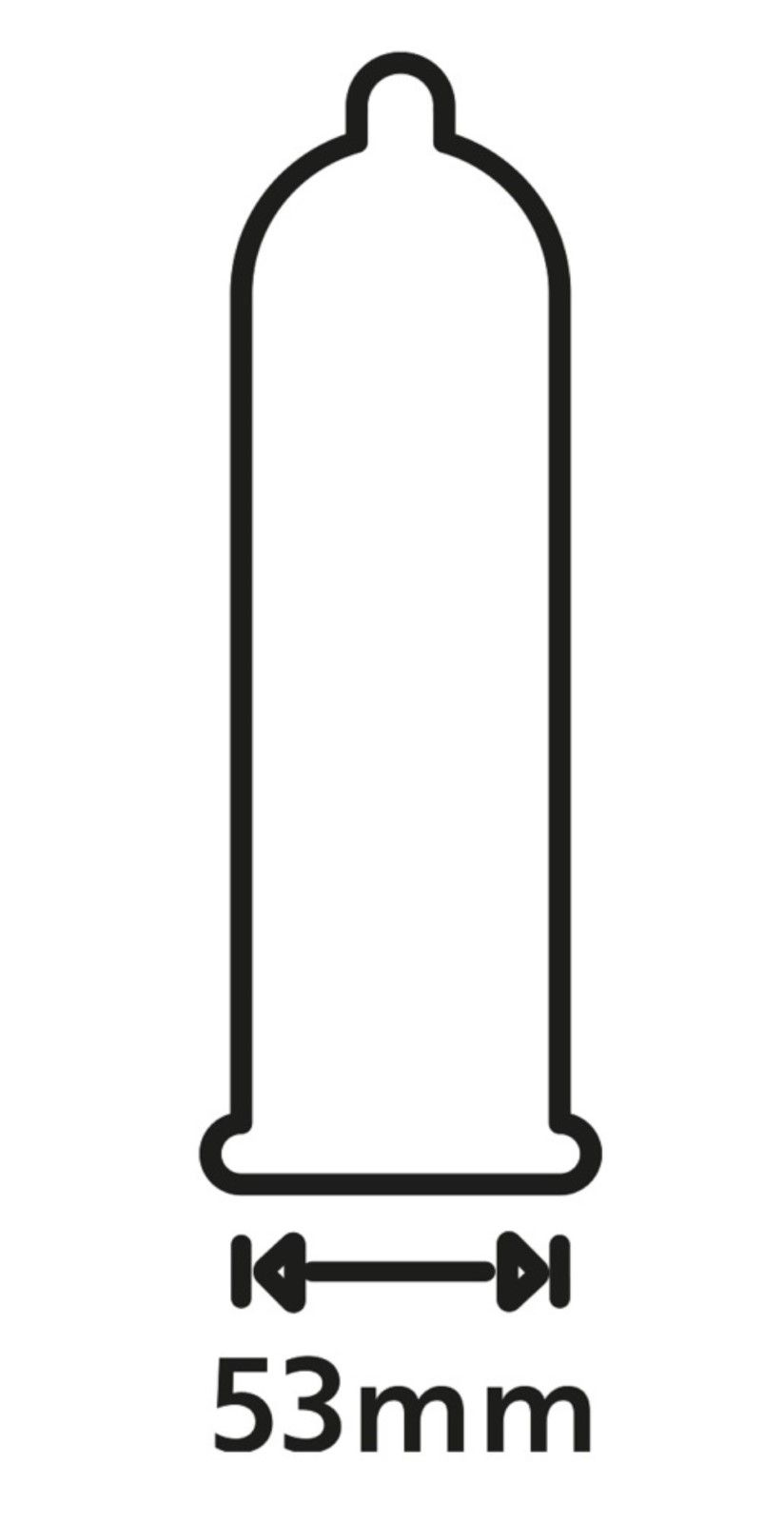 Schwarz-weiße Illustration eines Kondoms. Unterhalb: Pfeile mit 53mm. Kondomform mit abgerundeter Spitze und Basis.