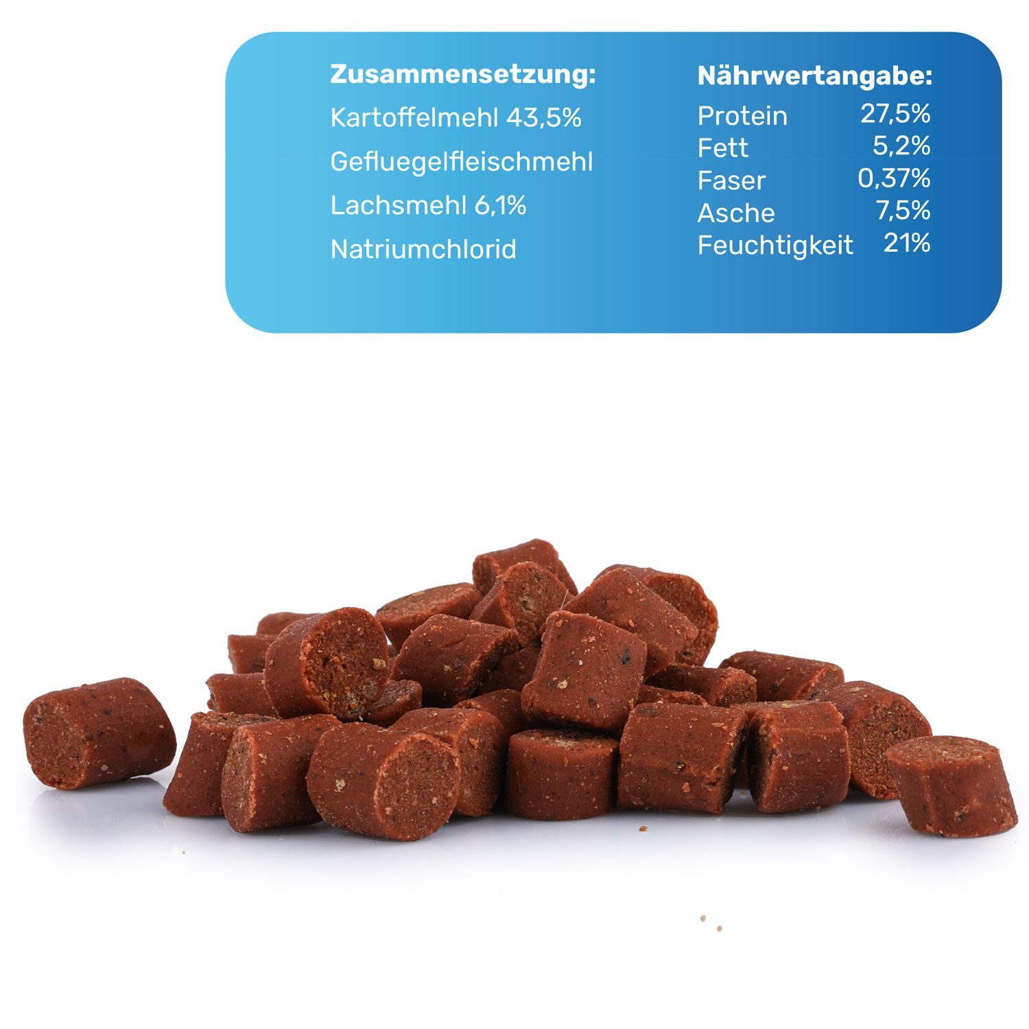 Haufen brauner, zylindrischer Snacks. Oben: Textfeld mit Zusammensetzung und Nährwertangaben. Enthält Kartoffelmehl, Lachsmehl, etc.