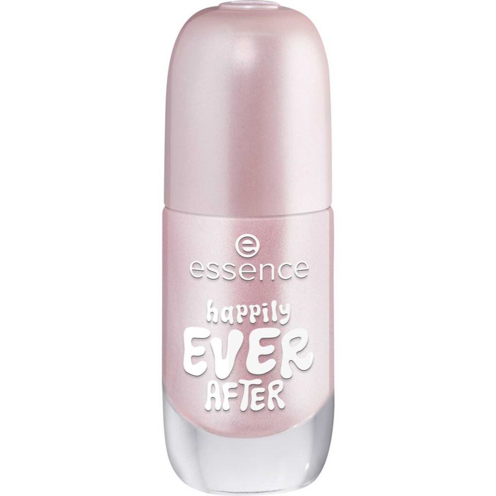 Geschlossene Nagellackflasche, rosa. Aufschrift: Essence, happily EVER AFTER.