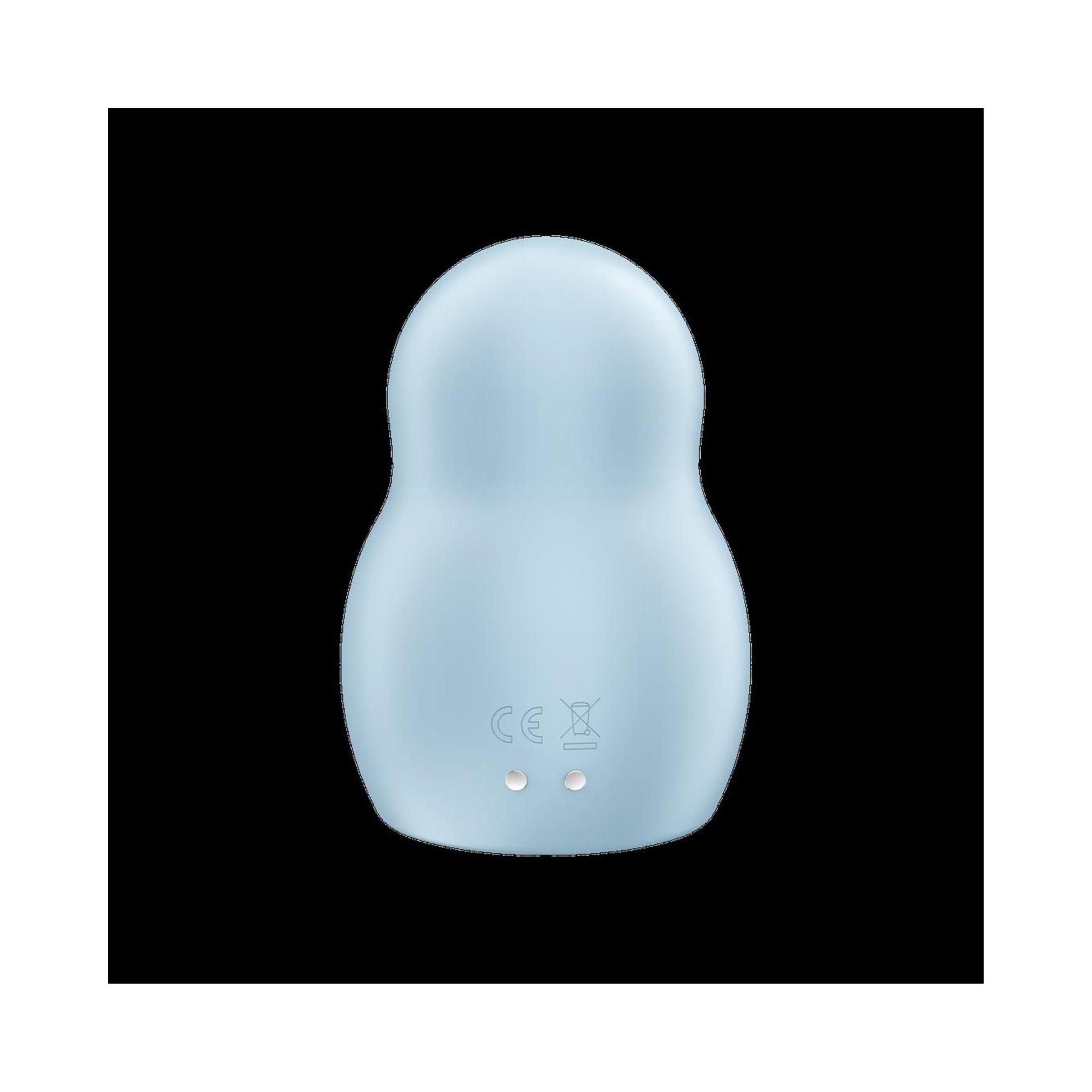 Hellblaues, eiförmiges Gerät mit zwei Knöpfen und CE-Kennzeichnung. Der Hintergrund ist schwarz.