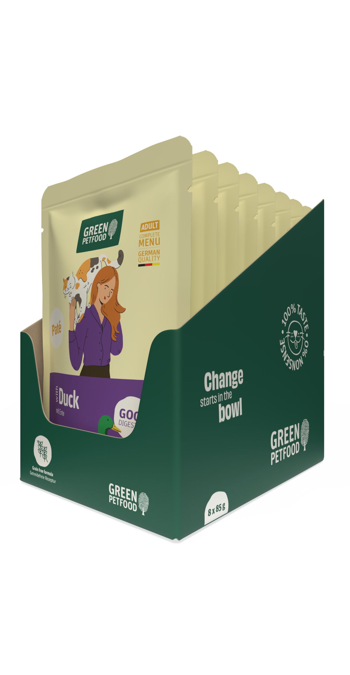 Green Petfood Katzenpaté mit Ente, 8x85g Packung. Enthält eine Frau mit zwei Katzen und die Aufschrift 'Good Digestion'.