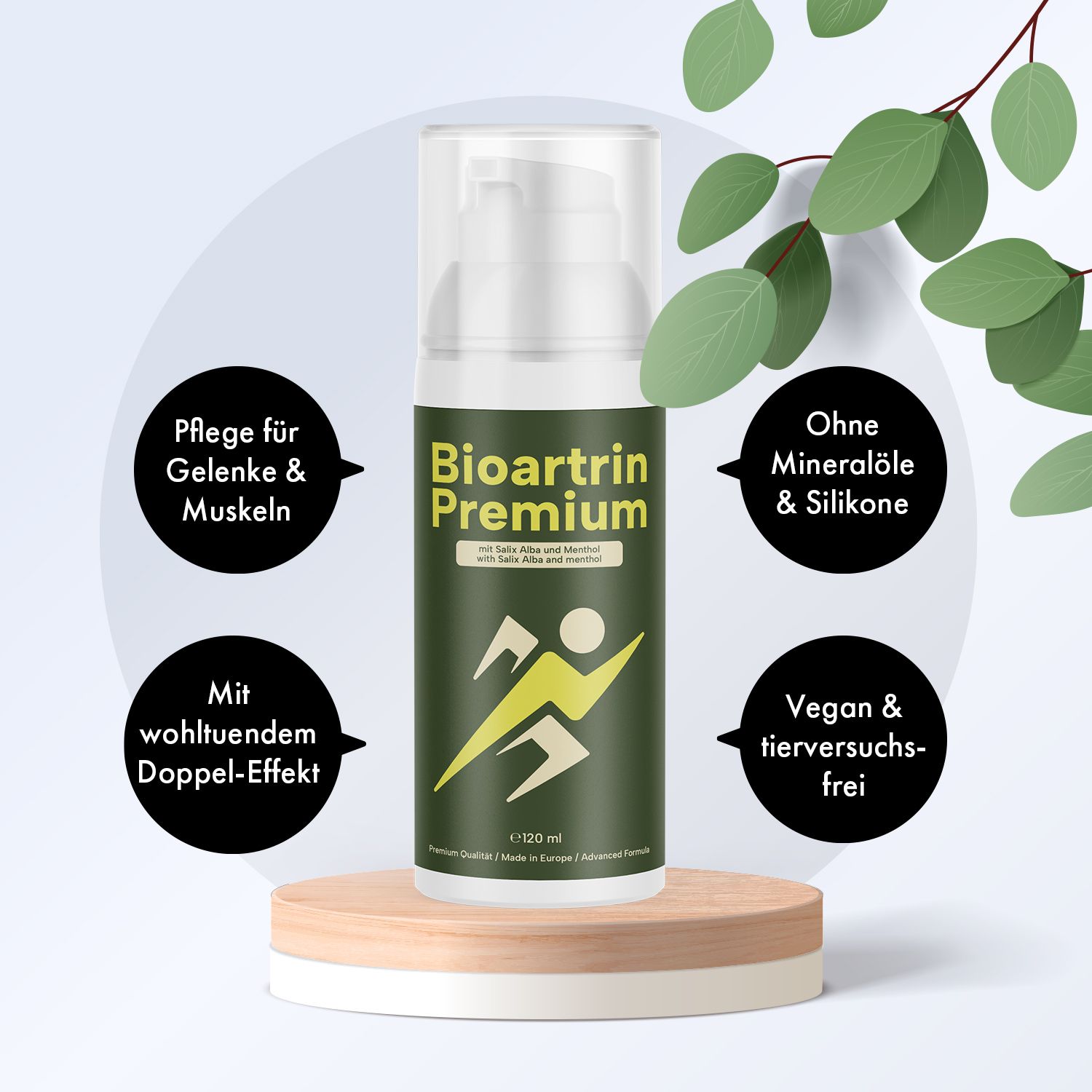 Grüne Flasche mit weißem Pumpkopf. Aufschrift: Bioartrin Premium. Text: Pflege für Gelenke & Muskeln, ohne Mineralöle & Silikone, vegan.