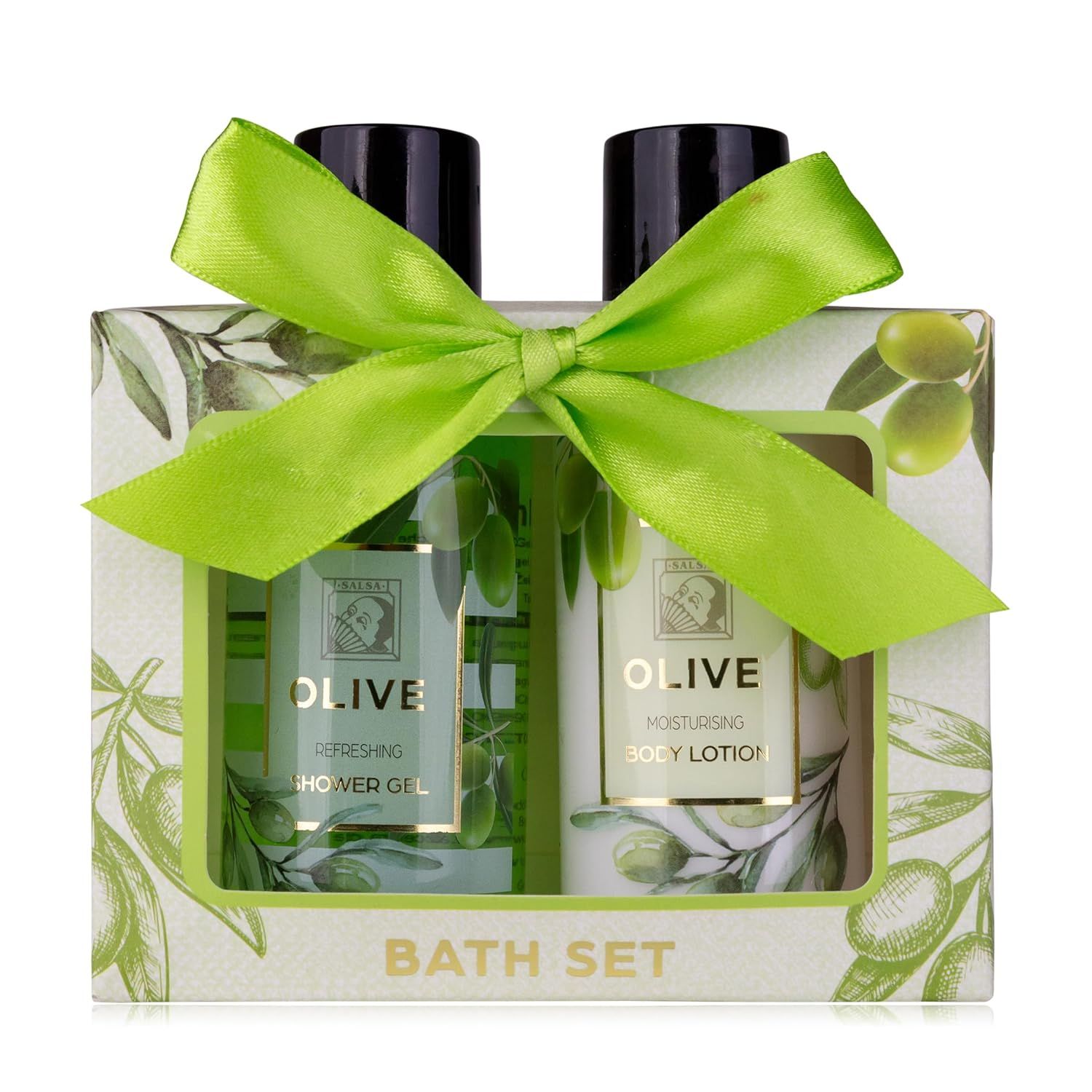 Geschenkset mit zwei Flaschen, verpackt in einer Schachtel mit Oliven-Motiv. Ein grünes Band ist als Schleife gebunden. Aufschrift: Olive, Bath Set.