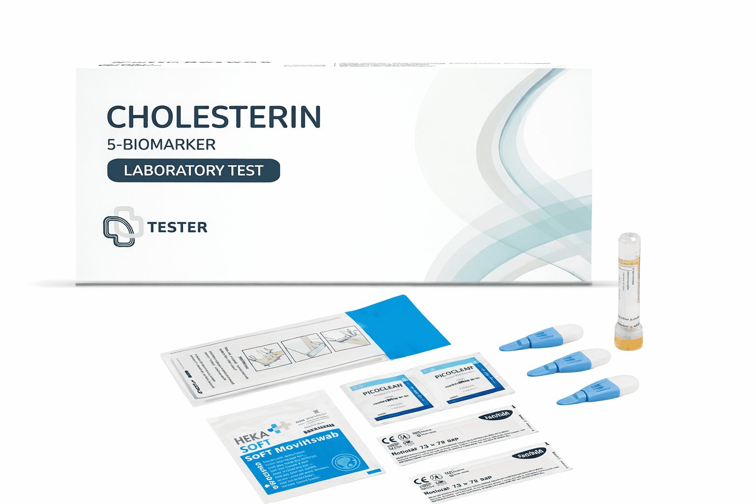 Cholesterin 5-Biomarker Labortest-Kit mit Tester, Tupfern und Röhrchen.