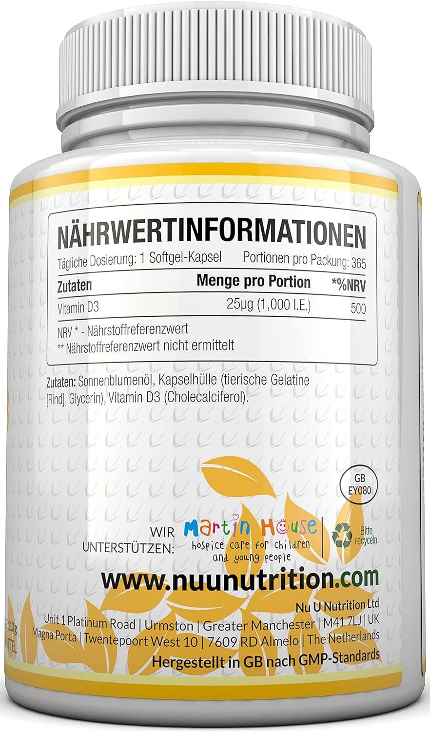 Rückseite einer Vitamin D3-Flasche. Enthält Nährwertinformationen und Kontaktinformationen.