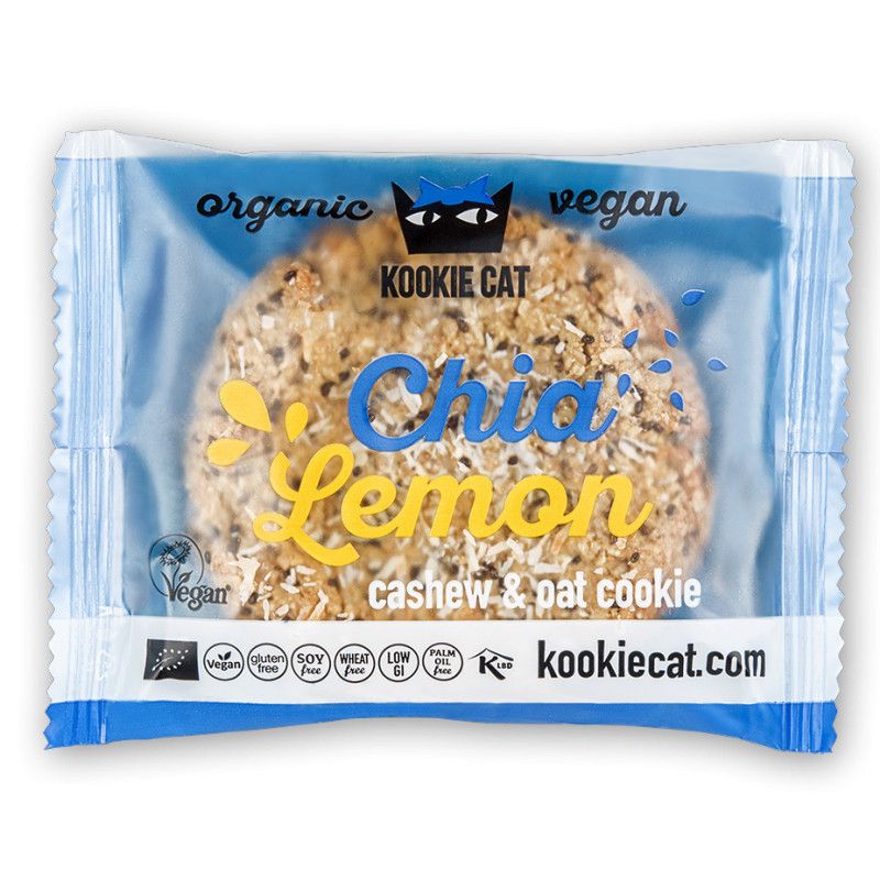 Keks in Folienverpackung. Aufschrift: Kookie Cat, Chia Lemon. Vegan, Bio-Siegel.