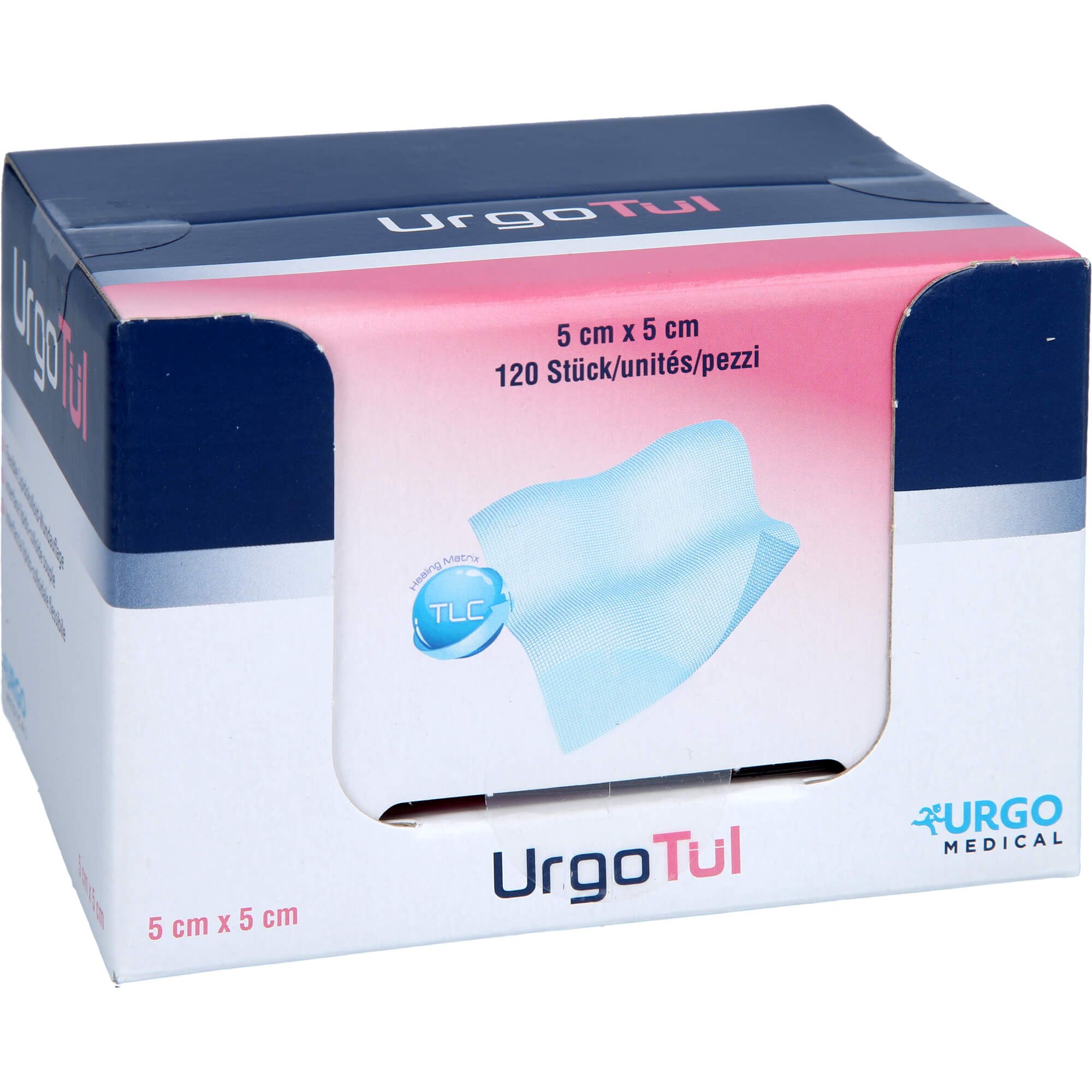 Karton mit URGOTUEL 5x5cm. Aufdruck: 5 cm x 5 cm, 120 Stück. Logo: URGO MEDICAL. Sichtbar: blaue Kompresse. Rosa-weiße Verpackung.