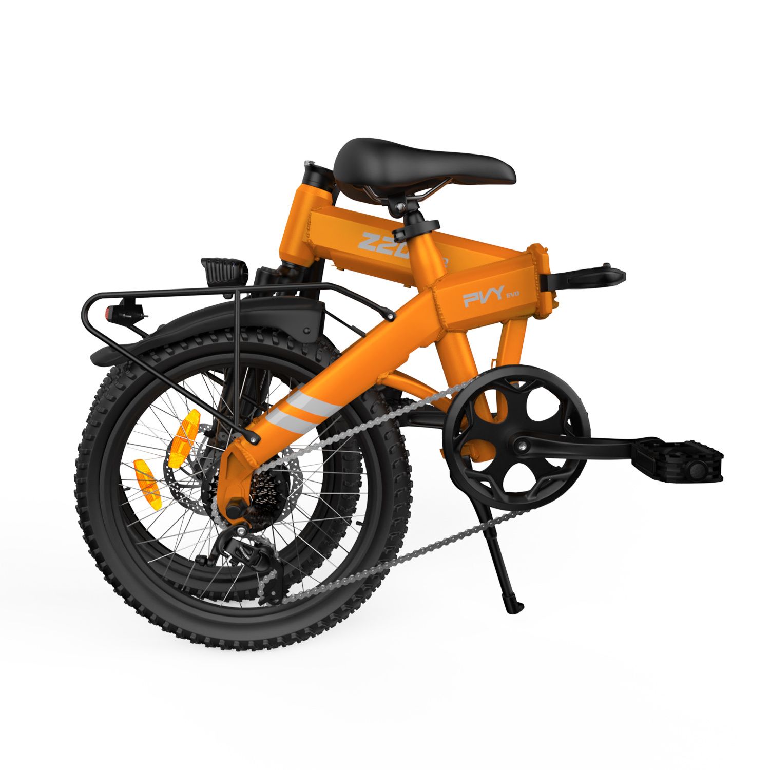 Gefaltetes orangefarbenes E-Bike mit schwarzem Rahmen. Aufschrift Z20 PRO EVO.