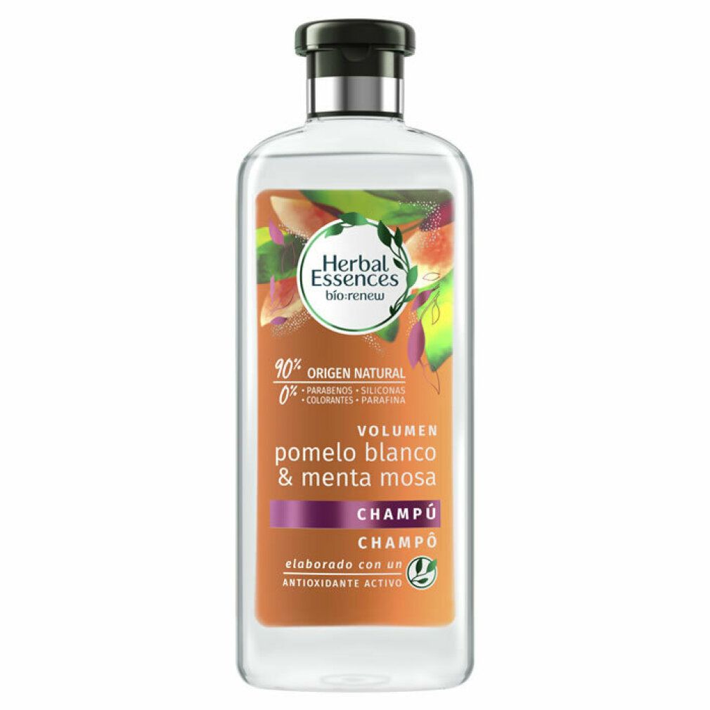 Transparente Shampoo-Flasche mit schwarzem Deckel. Etikett mit Produktnamen, Inhaltsstoffen und Logo. Volumen/Pomelo Blanco & Menta Mosa.