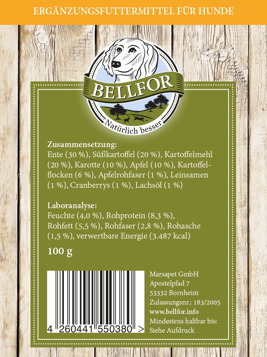 Rückseite der Bellfor Knabber-Schmaus Verpackung. Zutatenliste, Nährwertangaben, 100g.