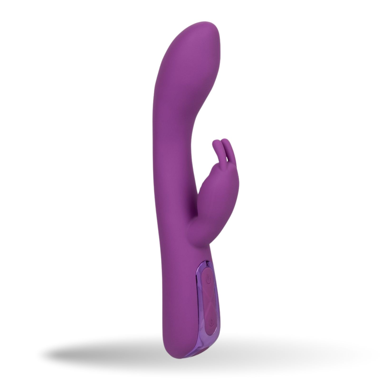 Lila Vibrator mit Kaninchenohren. Sichtbare Knöpfe. Aus Silikon.