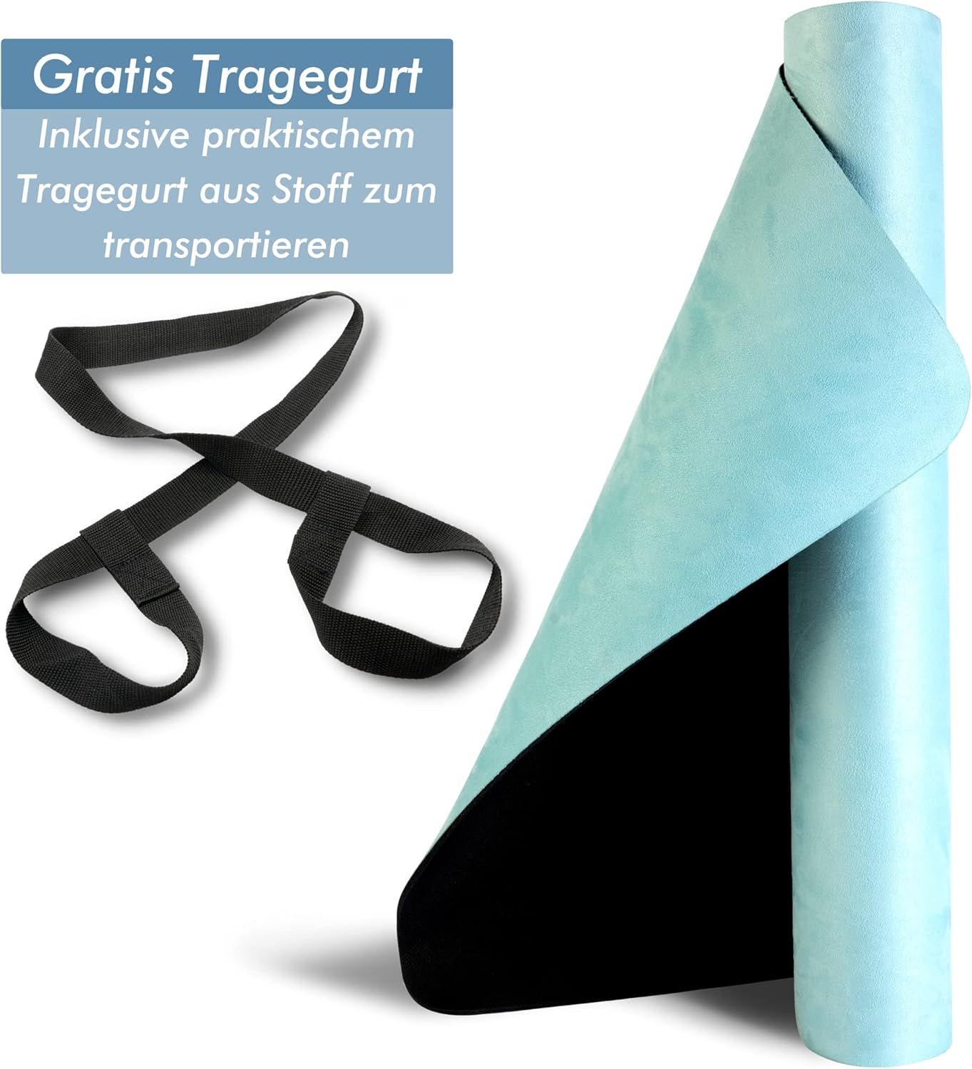 Gerollte, tiffanyblaue Yogamatte mit schwarzer Unterseite. Inklusive schwarzem Tragegurt.