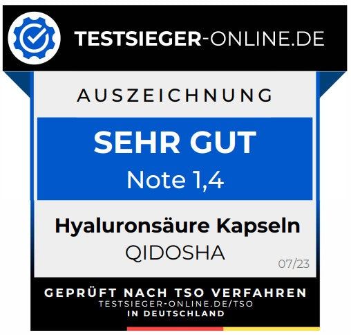 Auszeichnung 'Sehr Gut' für QIDOSHA Hyaluronsäure Kapseln, Note 1,4.