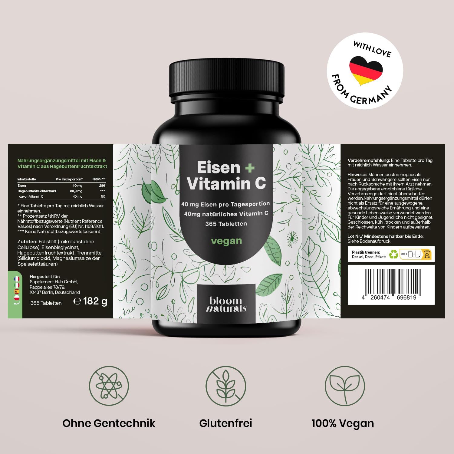 Bloom Naturals Eisen Tabletten mit Vitamin C