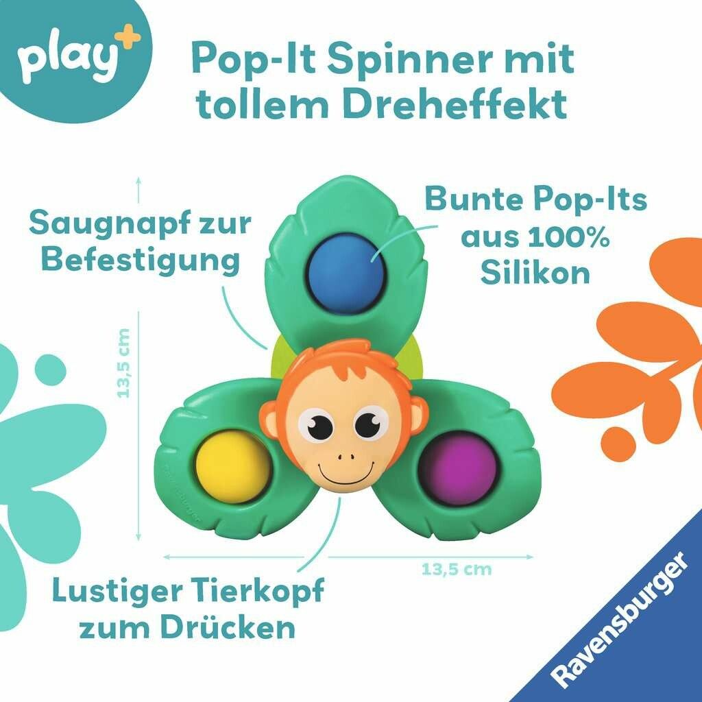 Grünes Pop-It Spinner-Spielzeug mit Affenmotiv. 3 Blätter mit farbigen Pop-Its. Maße: 13,5 cm. Text: Pop-It Spinner, lustiger Tierkopf, bunte Pop-Its aus Silikon. Ravensburger.