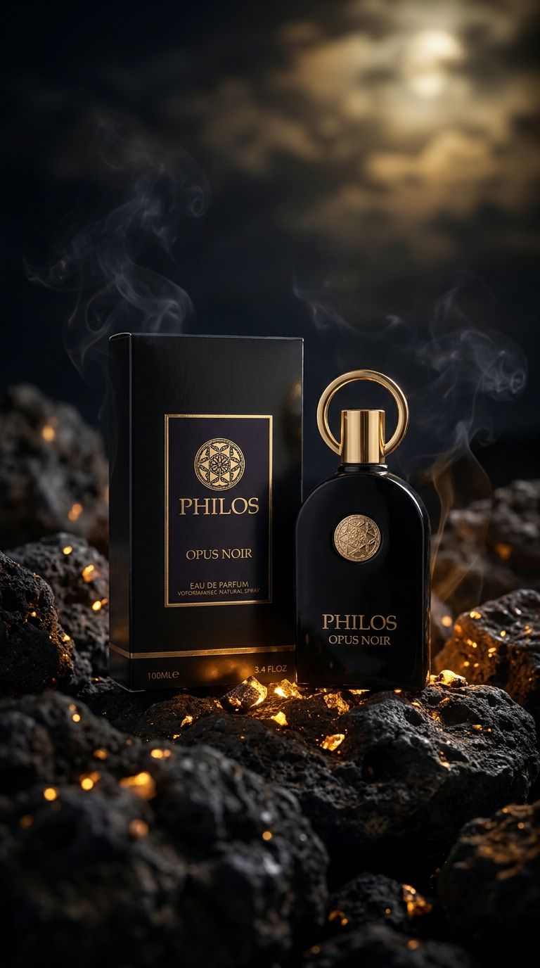 Schwarze Eau de Parfum Flasche und Verpackung auf felsigem Untergrund mit glühenden Funken. PhilOS Opus Noir.