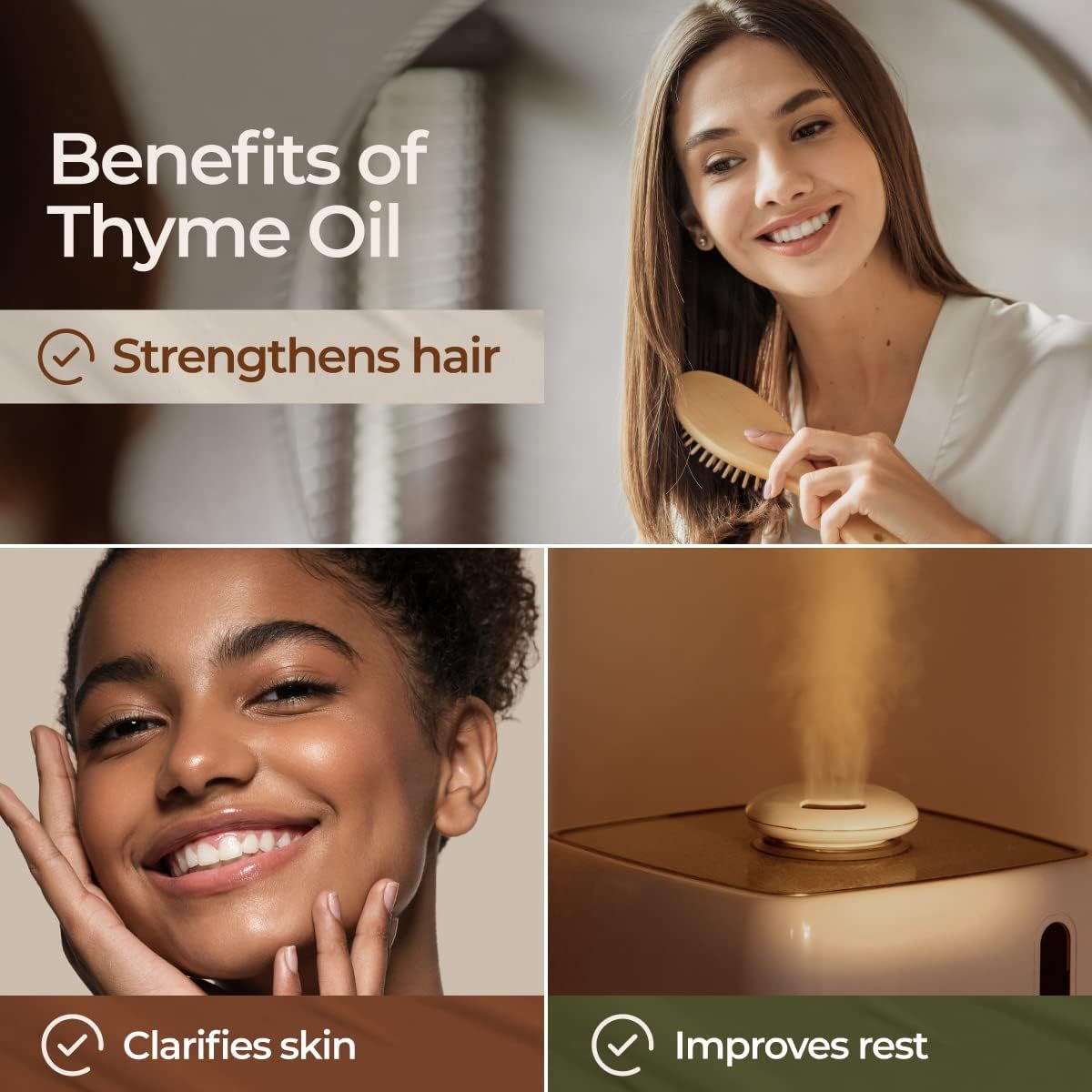 Vier Bilder: Frau kämmt sich die Haare, Frau mit Haut, Diffusor. Text: Vorteile von Thymianöl: stärkt das Haar, klärt die Haut, verbessert die Ruhe.