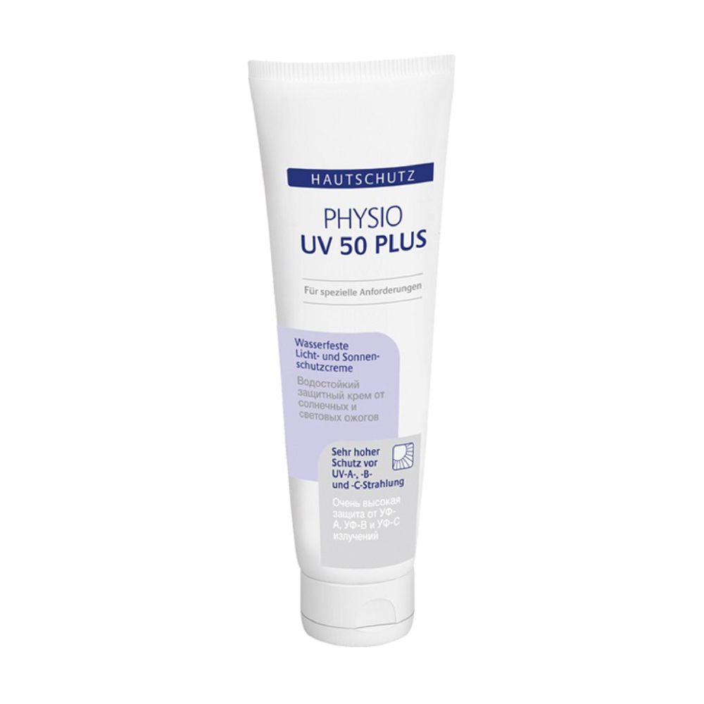 Weiße Tube mit Aufschrift HAUTSCHUTZ, PHYSIO UV 50 PLUS. Text: Wasserfeste Licht- und Sonnenschutzcreme. Sehr hoher Schutz vor UVA-, B- und C-Strahlung.