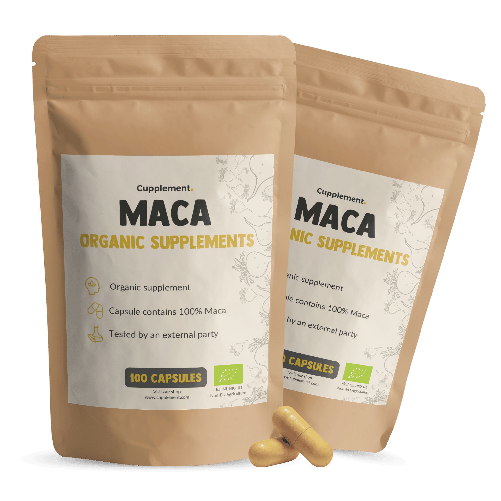 Zwei Beutel Cupplement® Maca Kapseln. Aufschrift: MACA ORGANIC SUPPLEMENTS. 100 Kapseln. Braune Kapseln liegen daneben.