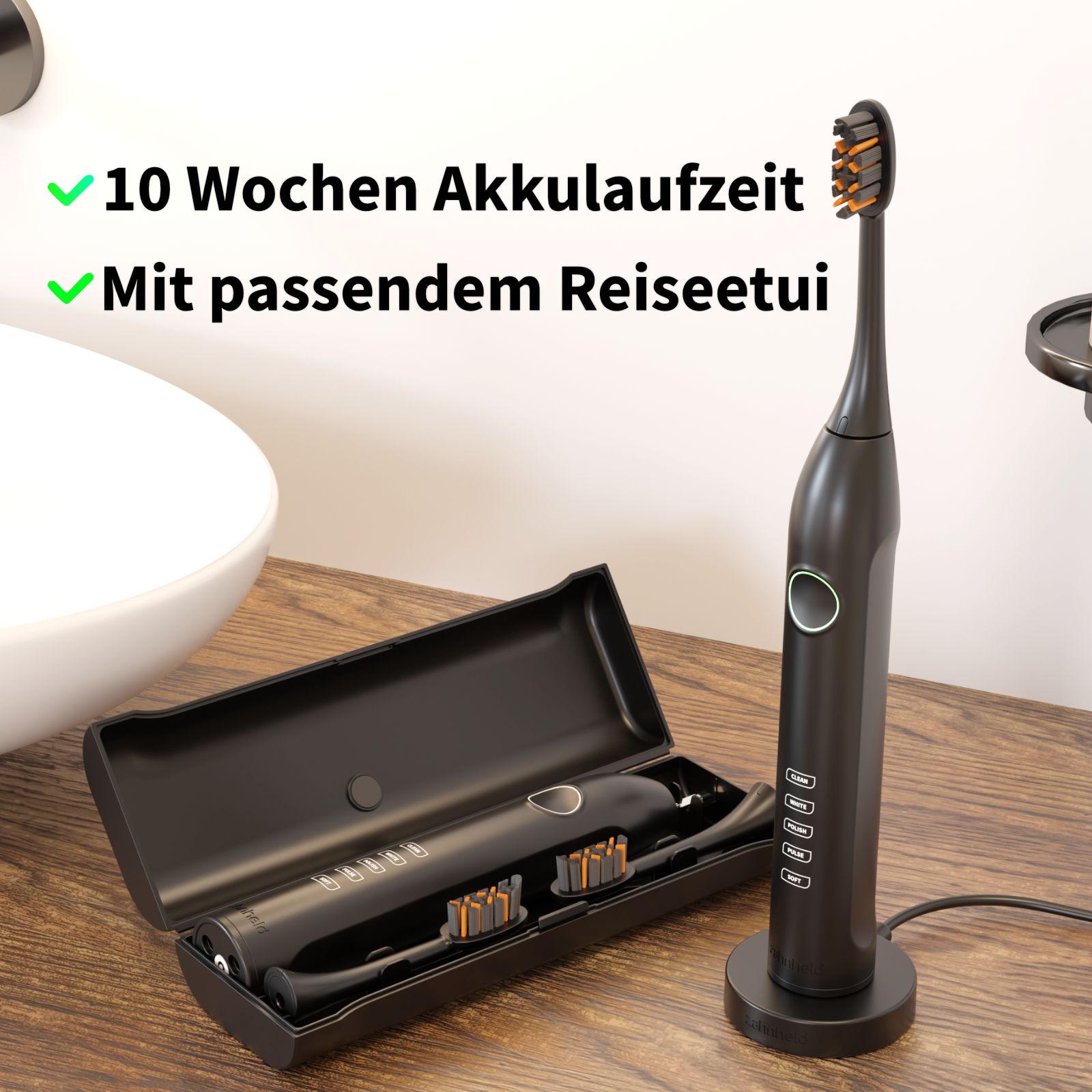 Schwarze elektrische Zahnbürste mit Etui und Ladestation. Text: 10 Wochen Akkulaufzeit. Mit passendem Reiseetui.