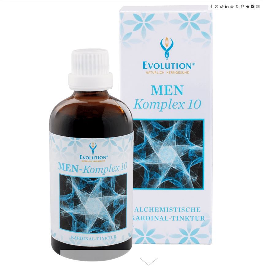 Braune Glasflasche mit weißem Deckel und Etikett. Daneben eine weiße Schachtel. Auf beiden steht "Evolution MEN Komplex 10".