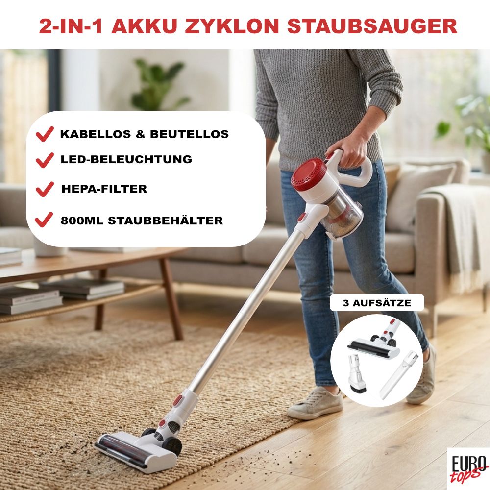 EUROtops Akku-Zyklon-Staubsauger, Kabellos, mit HEPA-Filter, Weiß