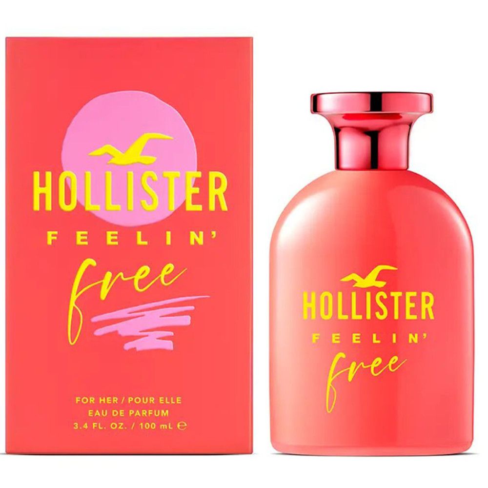 Roter Flakon und Verpackung. Aufschrift: Hollister Feelin' Free. Gelber Text. Rosa Hintergrund.
