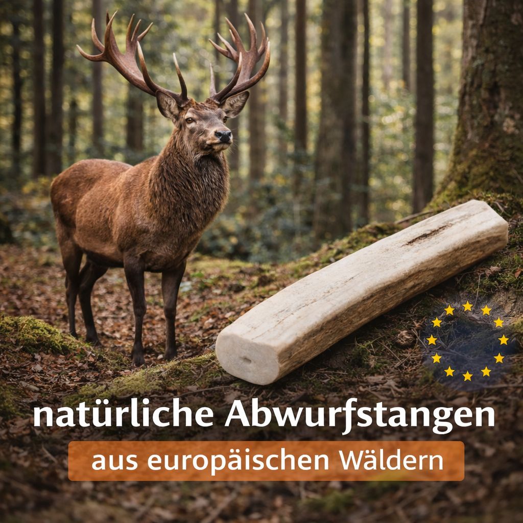 Ein Rothirsch steht neben einer halben Kaustange im Wald, EU-Flagge sichtbar.