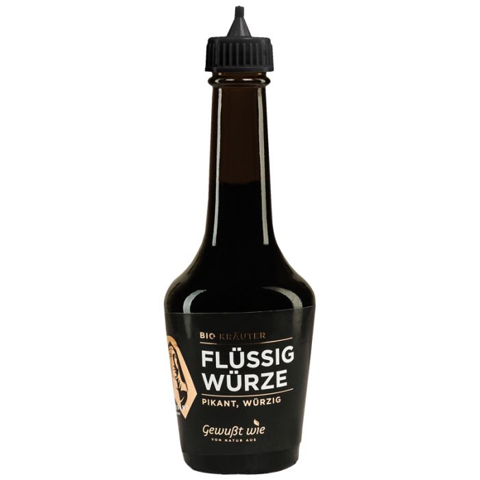 Dunkle Flasche mit schwarzem Deckel. Auf dem Etikett steht "Flüssig Würze".