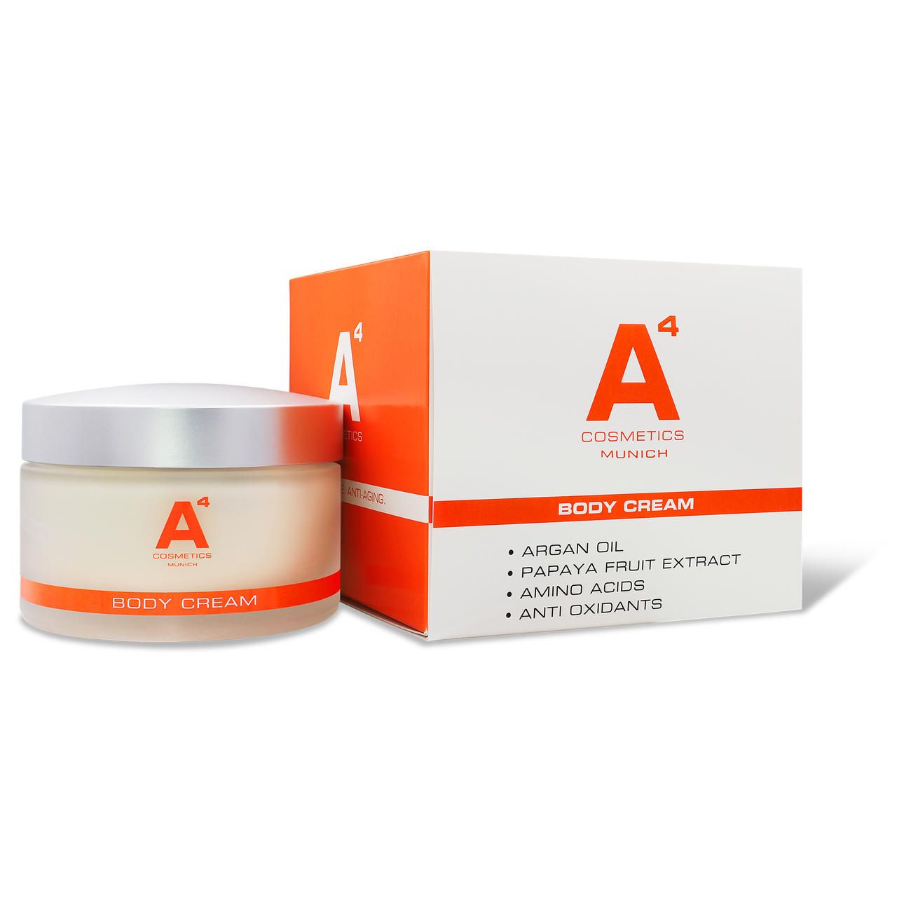 Creme-Dose und Verpackung. Aufschrift: A4 Cosmetics, Body Cream. Inhaltsstoffe: Arganöl, Papaya-Extrakt, Aminosäuren, Antioxidantien.