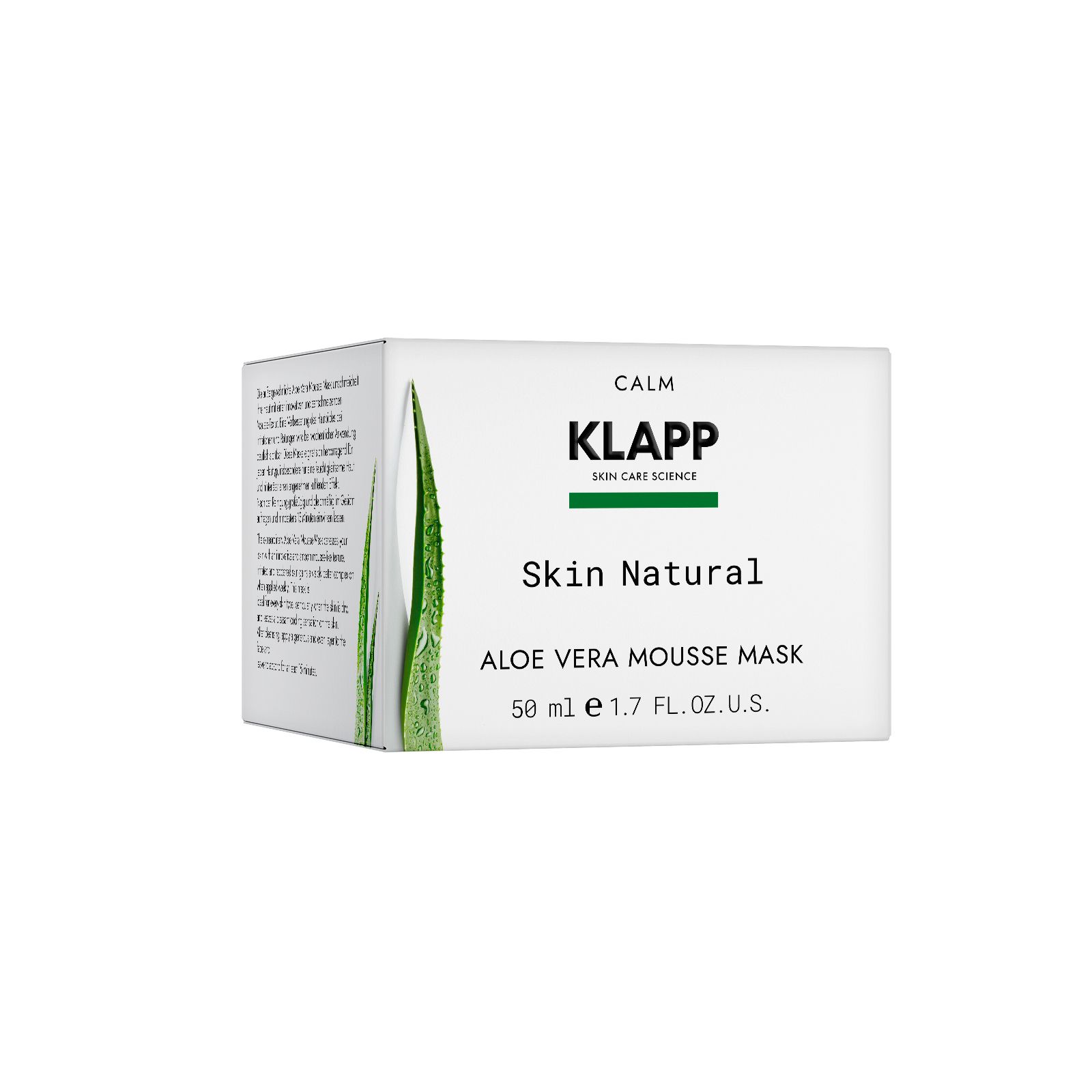 Weiße Verpackung mit Produktnamen und Logo. Aufschrift: Klapp Skin Natural Aloe Vera Mousse Mask. Aloe Vera-Illustration.