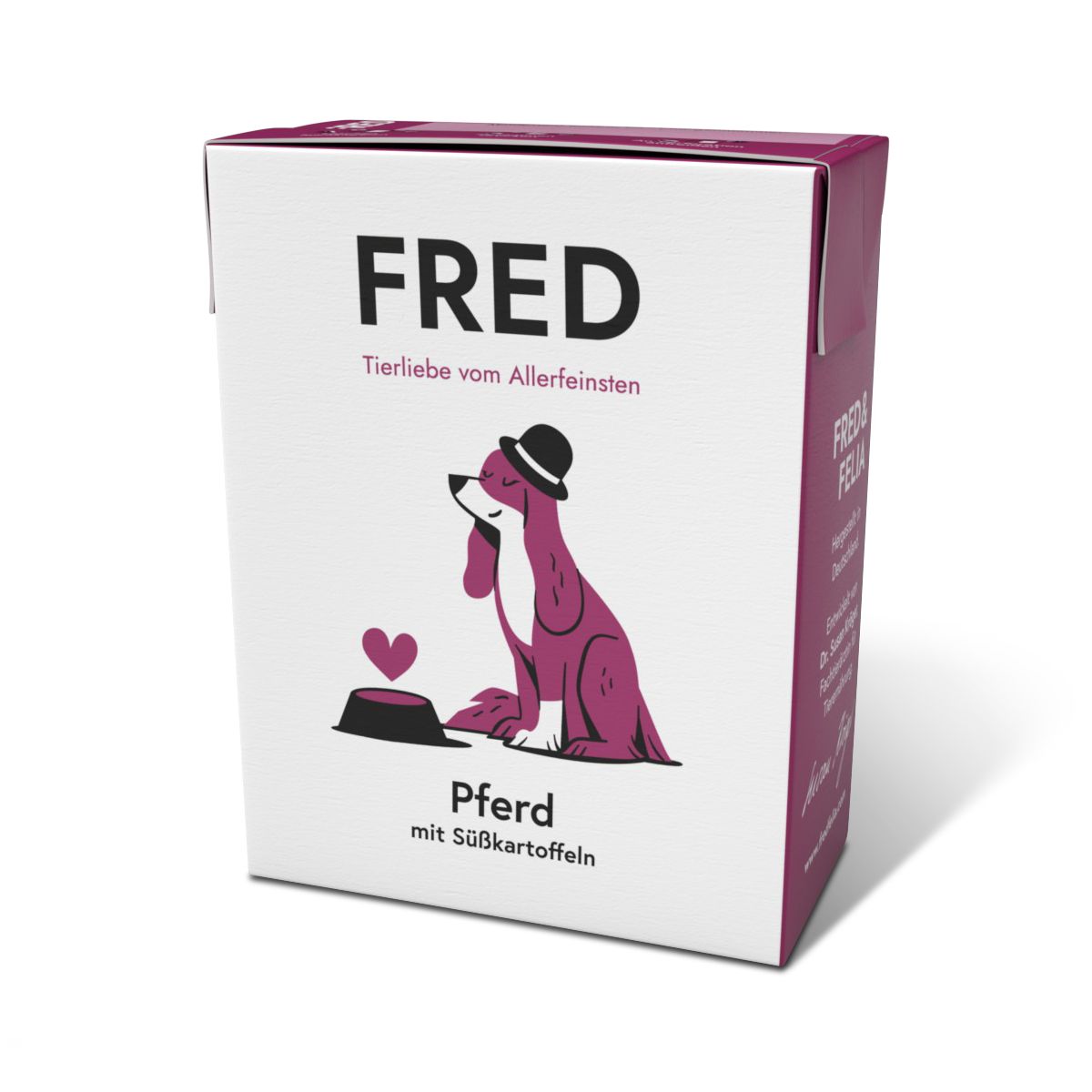 Verpackung mit Aufdruck FRED. Illustration eines Hundes mit Hut und Herz. Text: Pferd mit Süßkartoffeln.