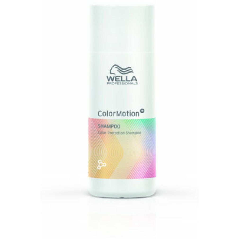 Weißes Shampoo-Fläschchen mit Wella-Logo und ColorMotion-Etikett. Text: SHAMPOO, Color Protection Shampoo.