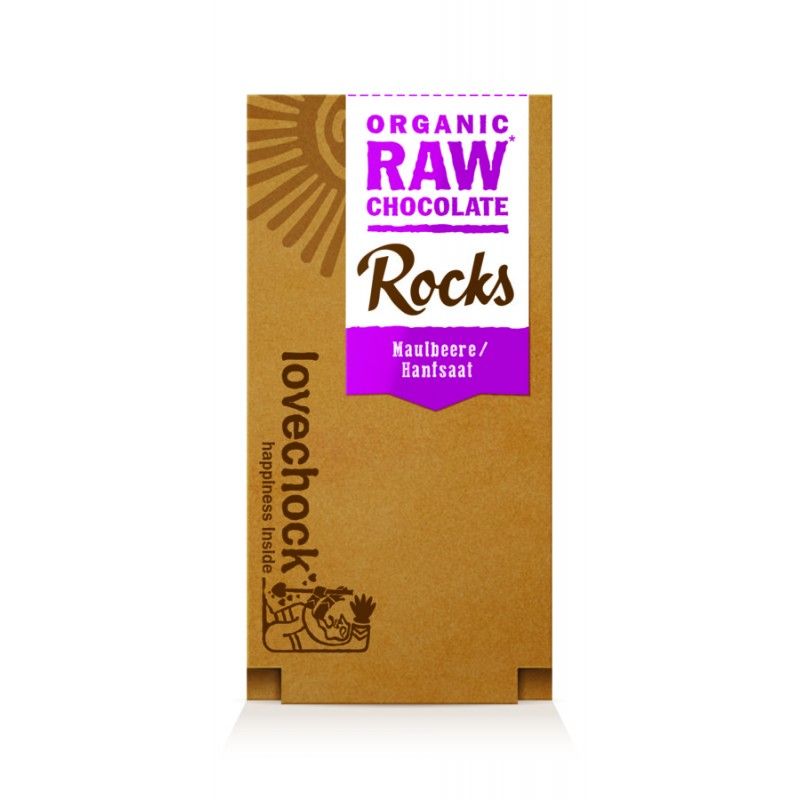 Braune Verpackung mit lila Akzenten. Oben steht "ORGANIC RAW CHOCOLATE Rocks". Darunter "Maulbeere/Hanfsaat". Links "lovechock" und Logo.