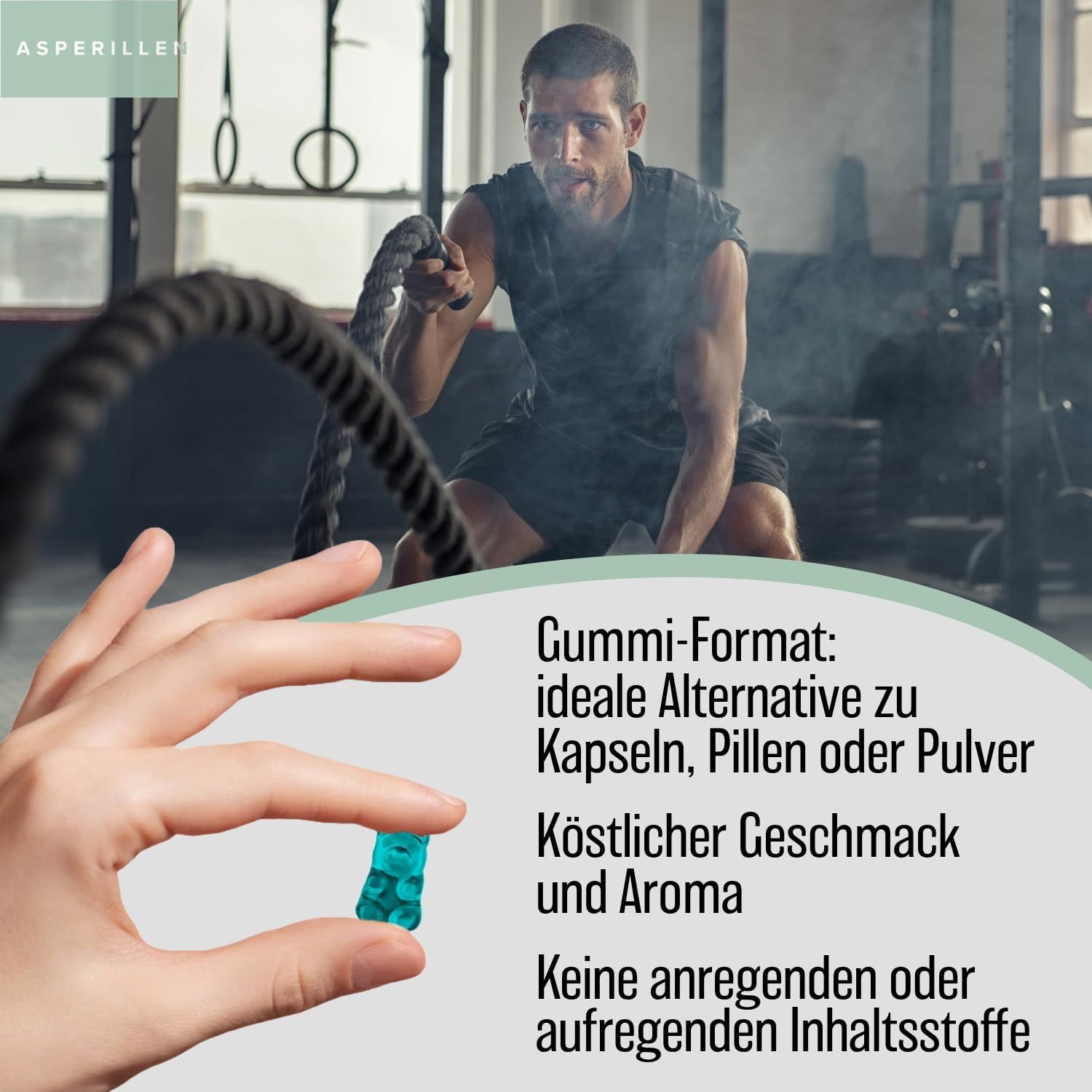 Hand hält blaue Gummibärchen. Text: Gummiformat, ideale Alternative zu Kapseln. Köstlicher Geschmack und Aroma. Keine anregenden Inhaltsstoffe.