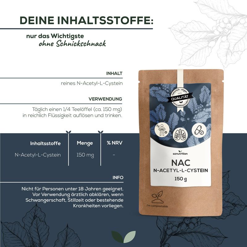 Produktbeutel mit NAC, N-Acetyl-L-Cystein, 150g. Braune Verpackung, blaues Etikett. Text: 'DEINE INHALTSSTOFFE'. Tabellarische Inhaltsangaben.
