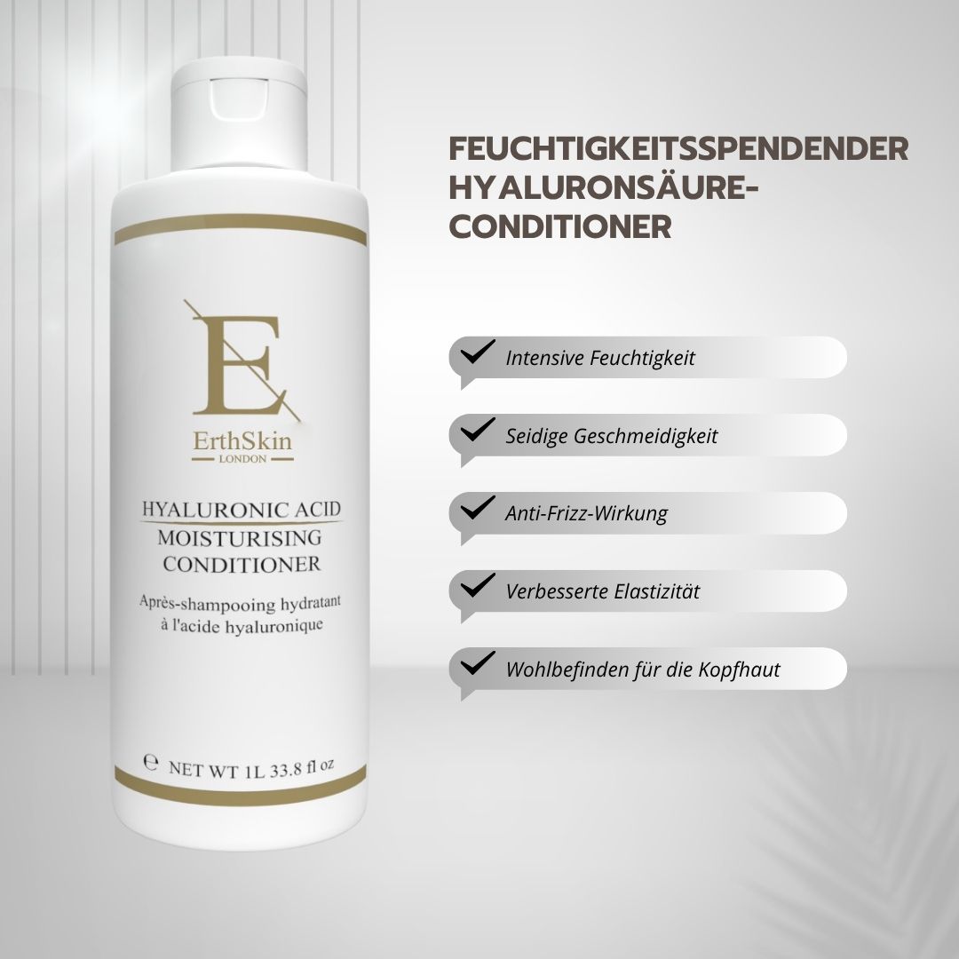 Witte fles met gouden etiket. Tekst: ErthSkin London, Hyaluronzuur Moisturizing Conditioner. Naast tekstvakken met voordelen.