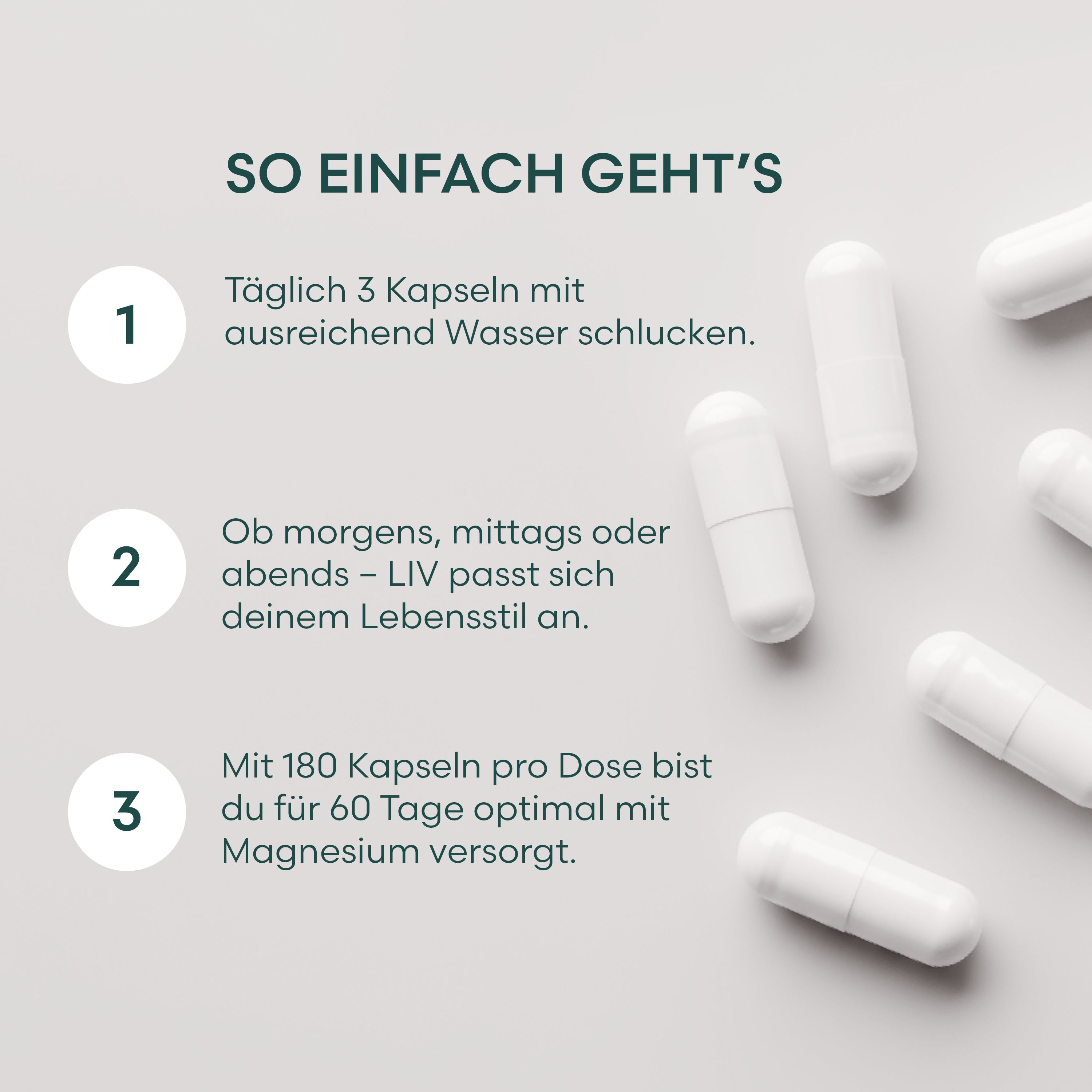 Schritt-für-Schritt-Anleitung zur Einnahme von Kapseln. Text: So einfach geht's.