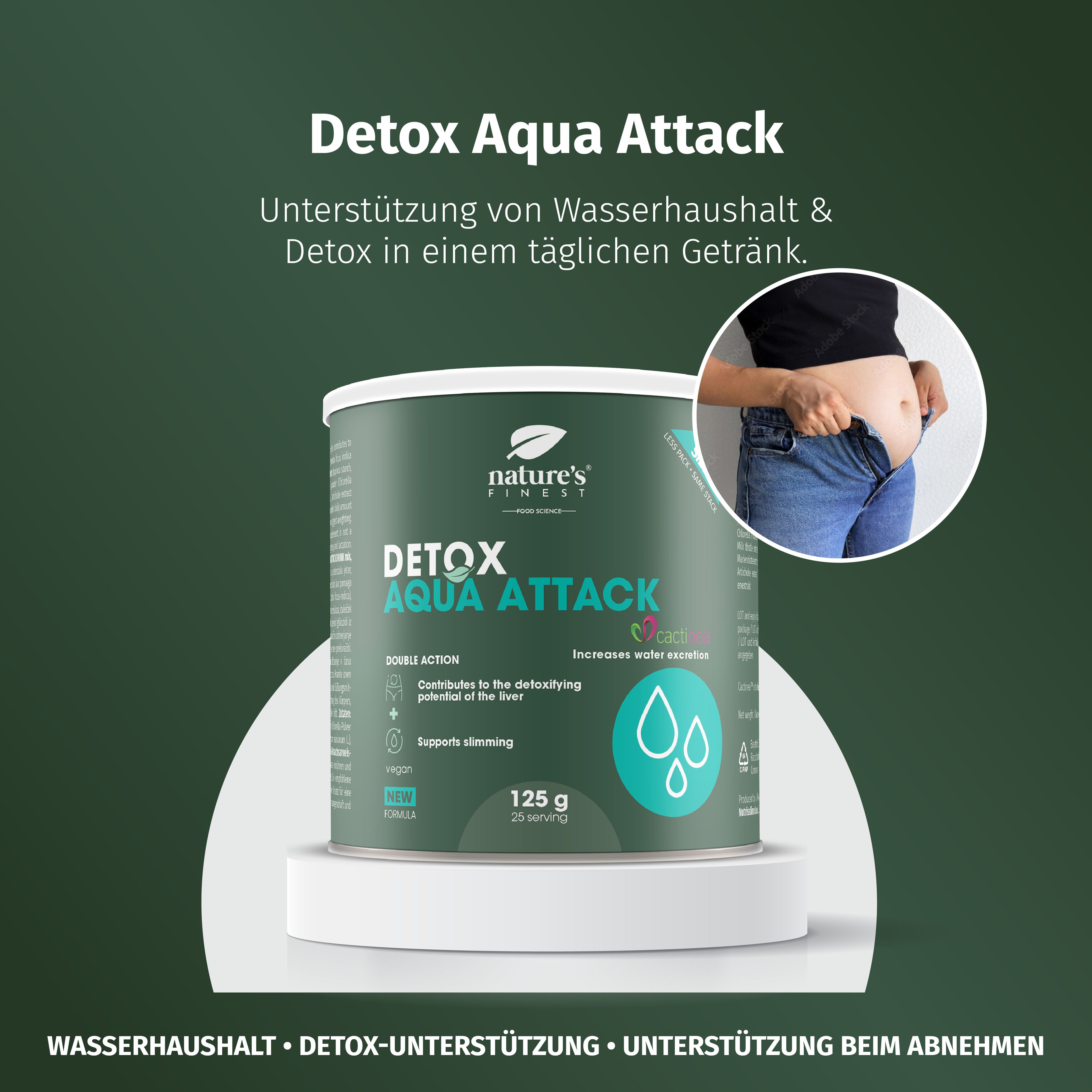 Dose Nature's Finest Detox Aqua Attack, 125g, mit Darstellung von Wasser und Bauchumfang.