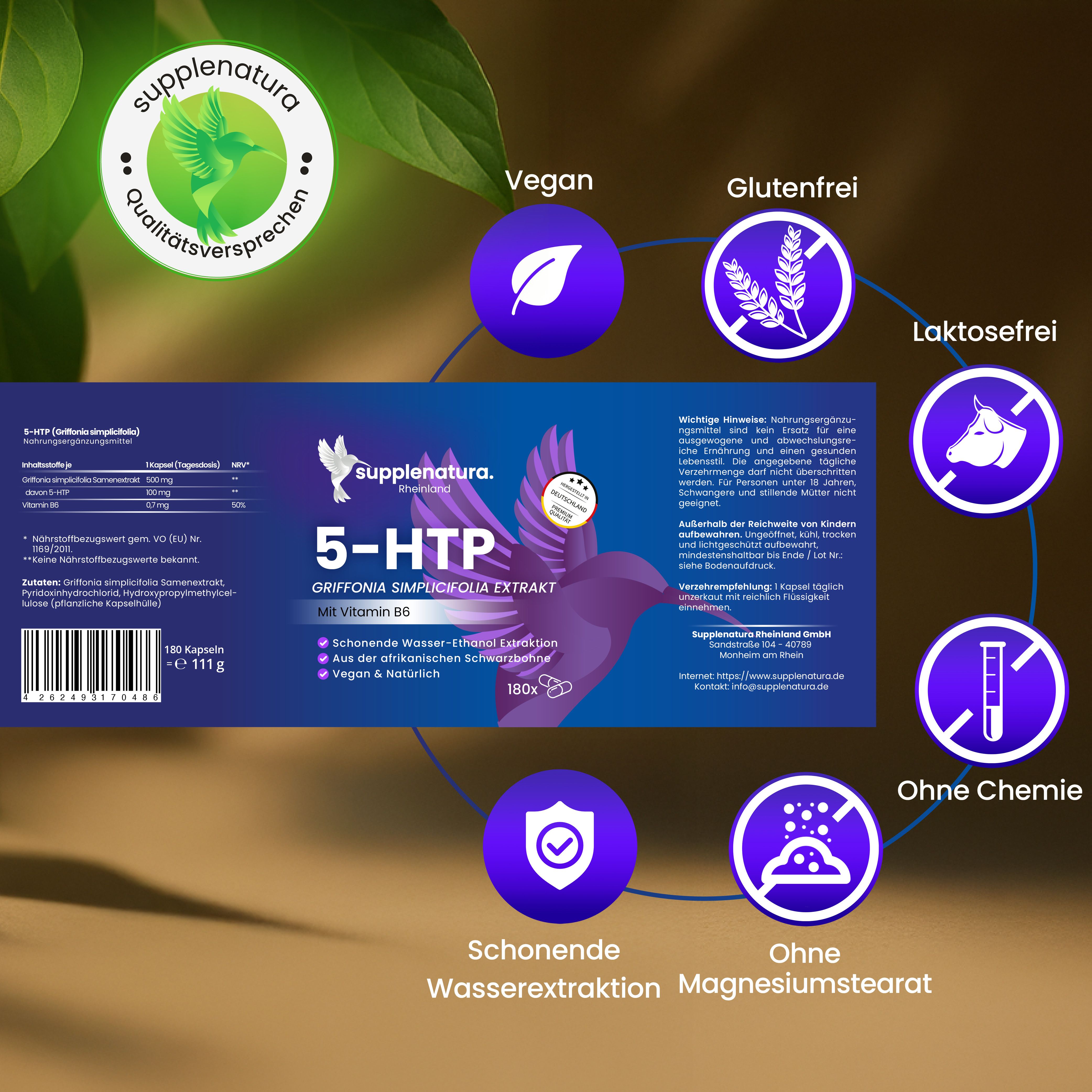 Flasche supplenatura Rheinland® 5-HTP mit Vitamin B6. Logos: Vegan, glutenfrei, laktosefrei, ohne Chemie, etc.