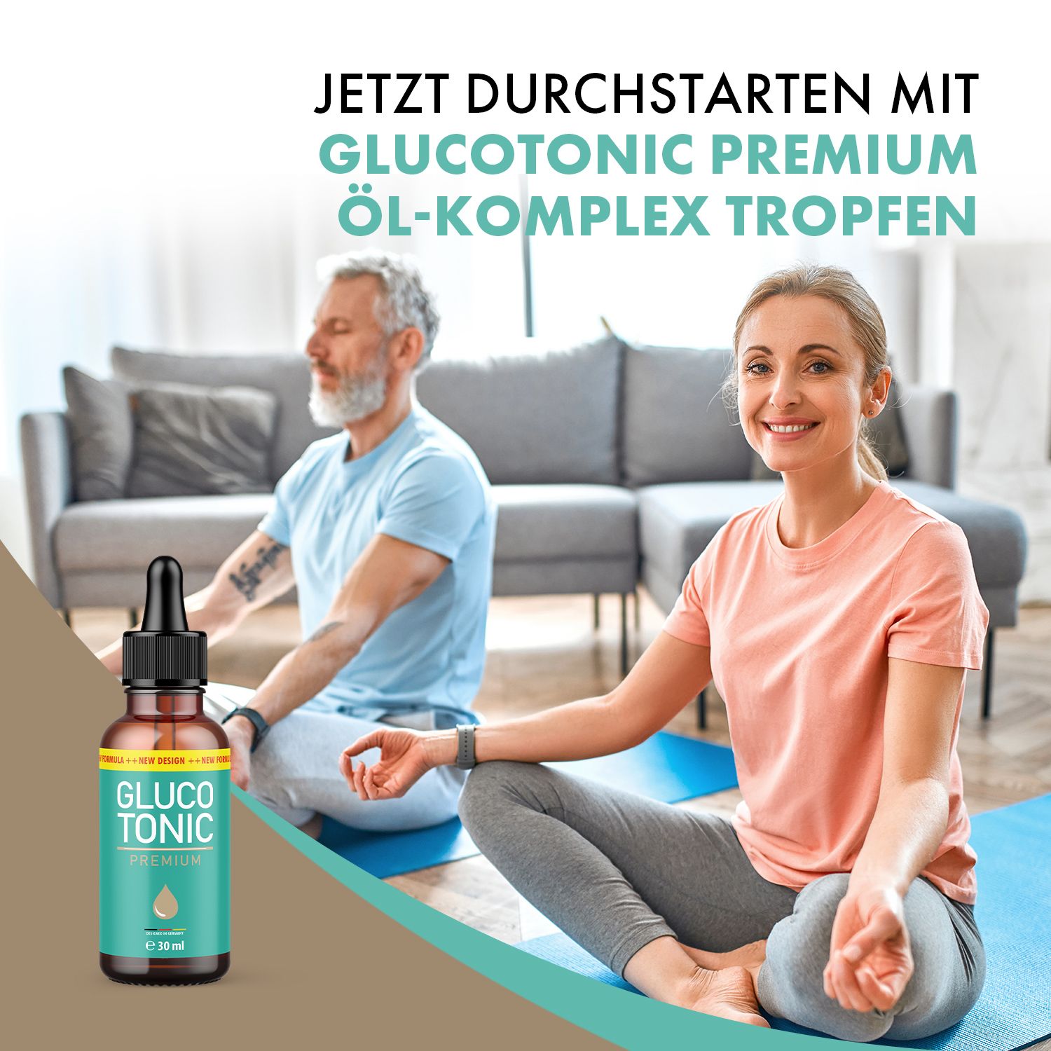 Frau und Mann sitzen auf Yogamatten. Daneben Flasche mit Tropfer. Aufschrift: GLUCOTONIC PREMIUM. Frau lächelt.