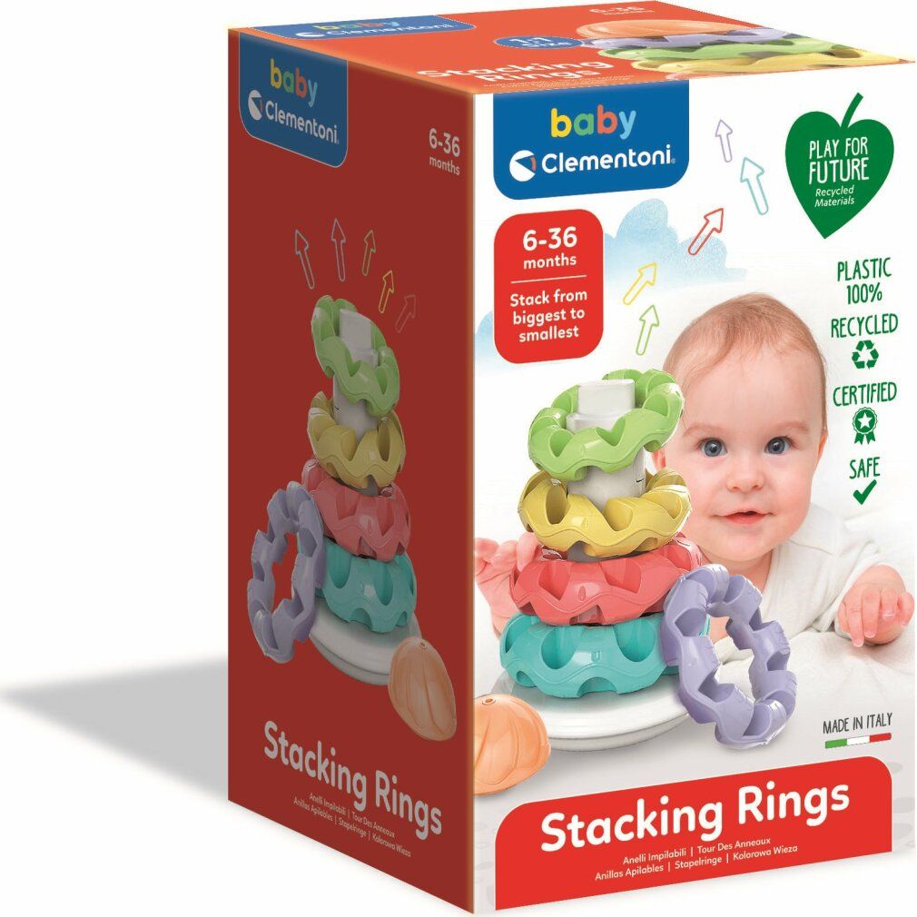 Clementoni Baby Stapelringe in Verpackung. Sechs farbige Ringe, ein Sockel und ein Deckel. Aufdrucke: Baby Clementoni, 6-36 Monate, Play For Future.