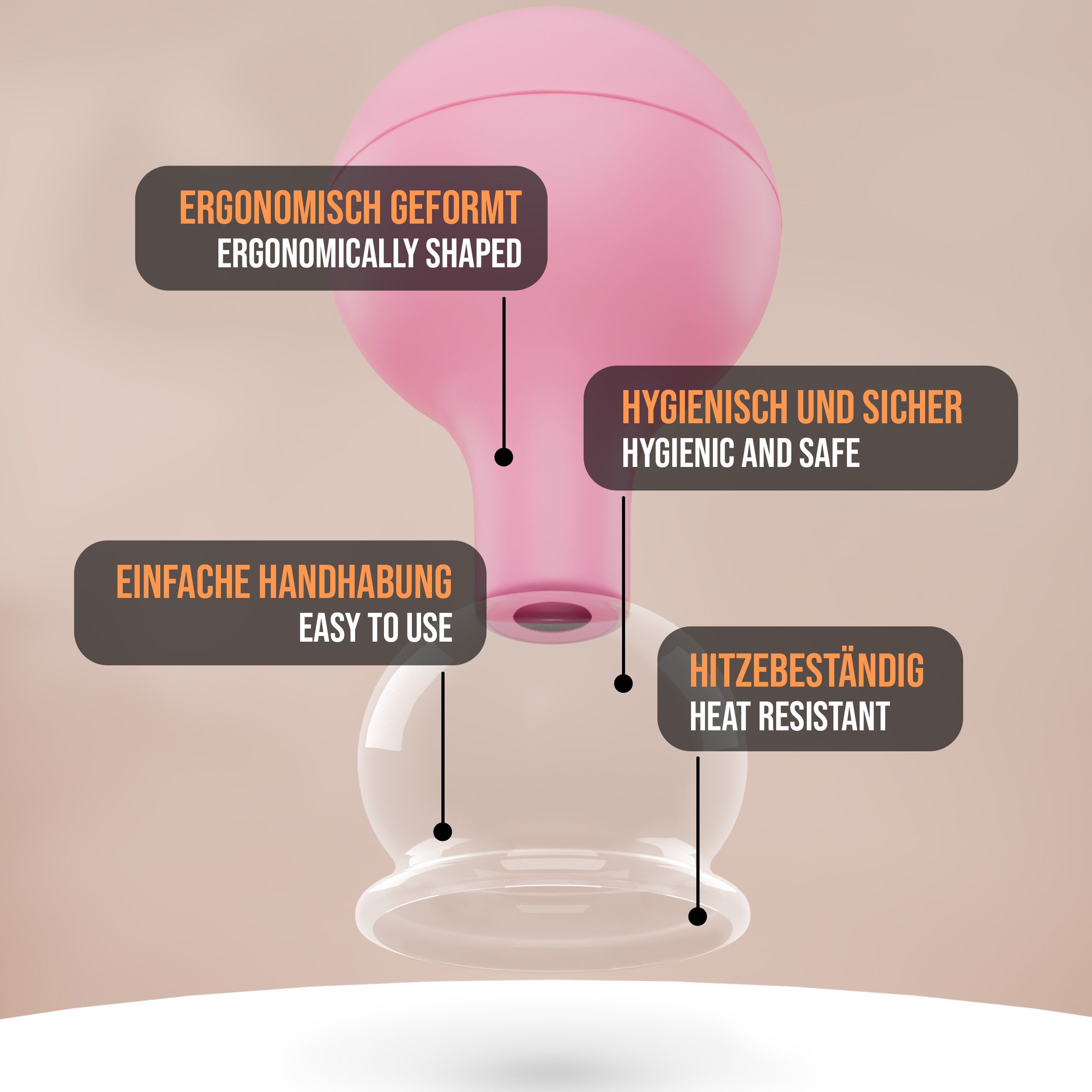 Pulox Schröpfgläser aus Echtglas mit Saugball - Set Trio klein in Pink: 25mm, 32mm, 40mm