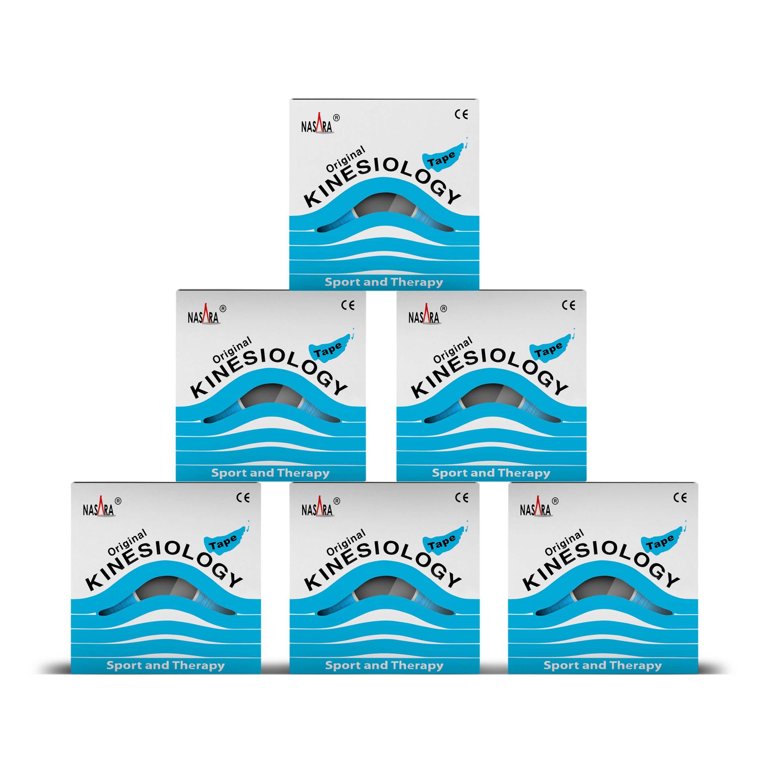 Sechs Boxen Kinesiologie-Tape. Logo und Schriftzug. CE-Zeichen.