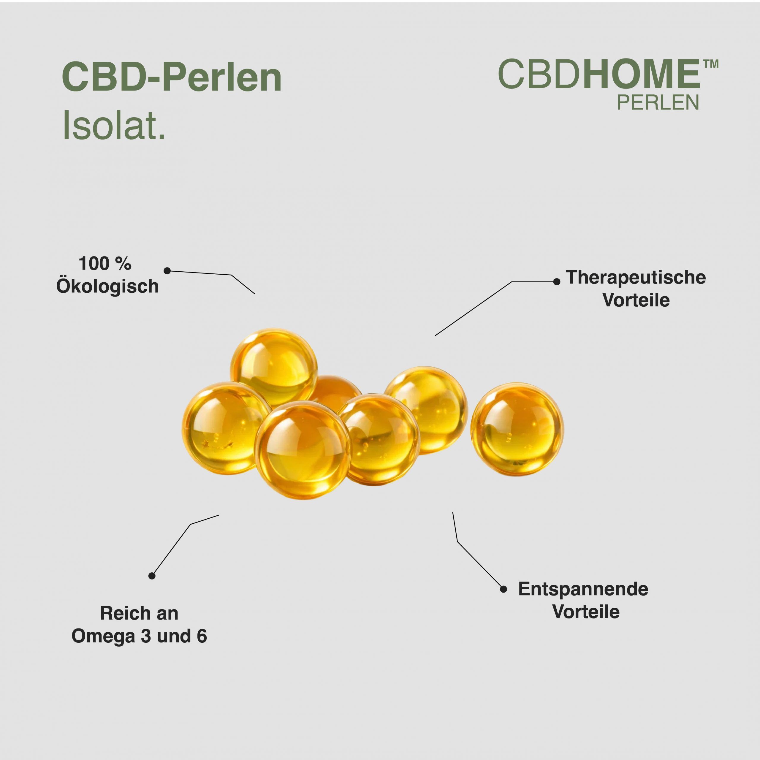 Mehrere goldene CBD-Perlen, die als reich an Omega 3 und 6 beschrieben werden.