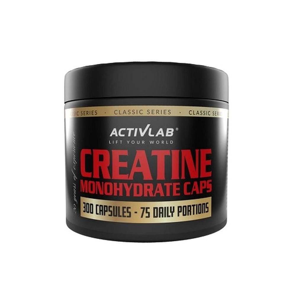 Schwarze Dose mit roter Aufschrift. Enthält Creatine Monohydrate Caps. Aufschrift: ACTIVLAB, 300 Kapseln, 75 Portionen.