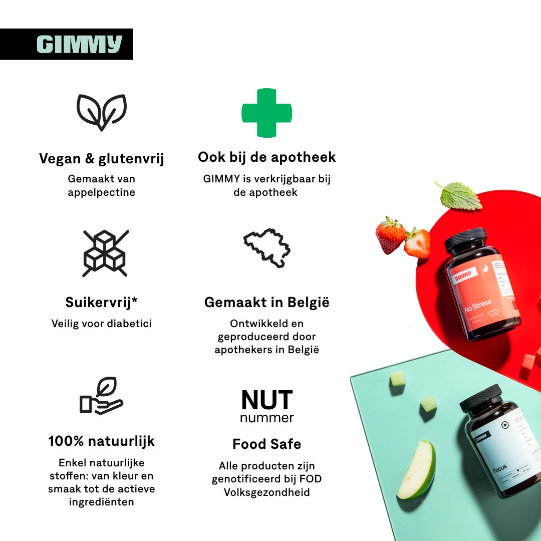 GIMMY-Logo. Text: Vegan & glutenfrei, auch in der Apotheke, zuckerfrei, hergestellt in Belgien, 100% natürlich, Food Safe.