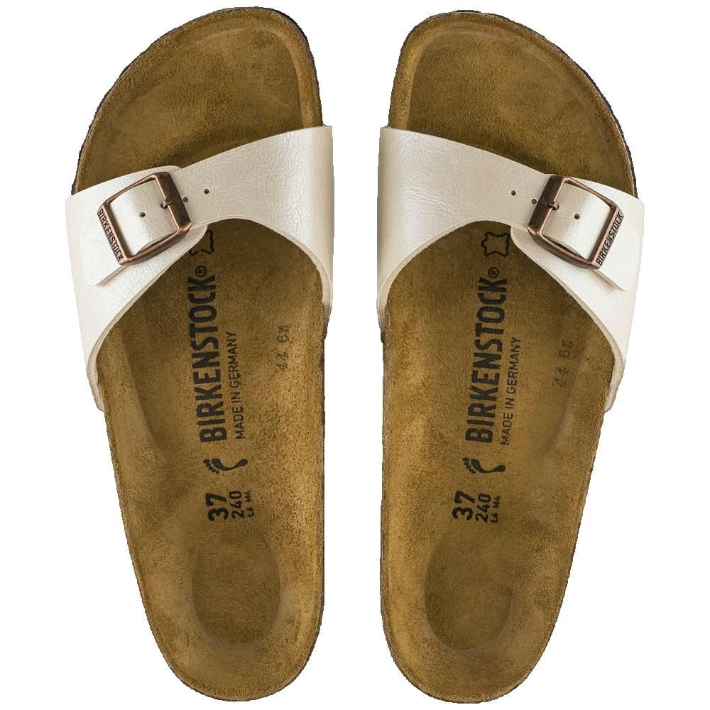 Due sandali bianchi con fibbie. Plantare in sughero, marchio Birkenstock. Taglia 37.