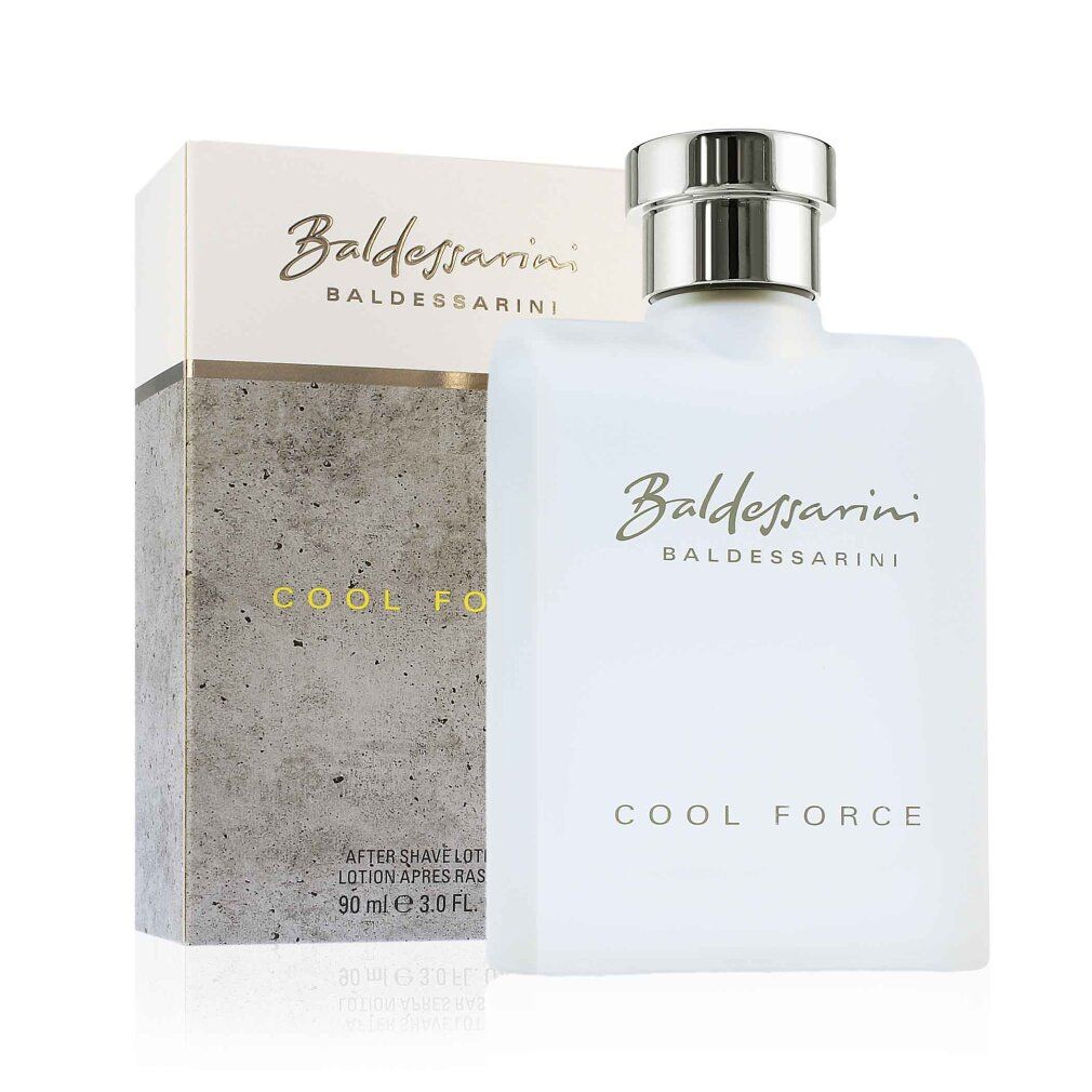 Baldessarini Cool Force After Shave Lotion mit Verpackung. Flasche weiß, Deckel silber.