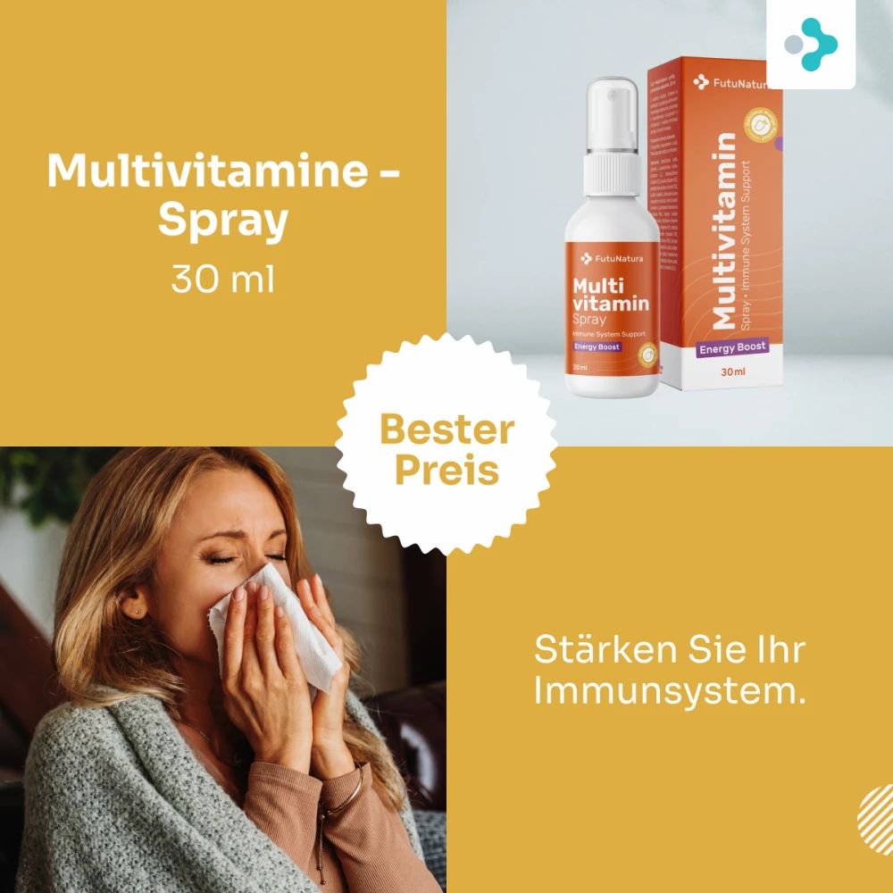 Frau mit Taschentuch, FutuNatura Multivitamin Spray und Verpackung. Text: Immunsystem stärken, bester Preis.